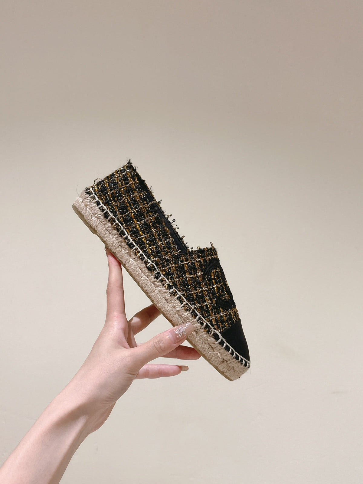 espadrilees black gold tweed canvas
