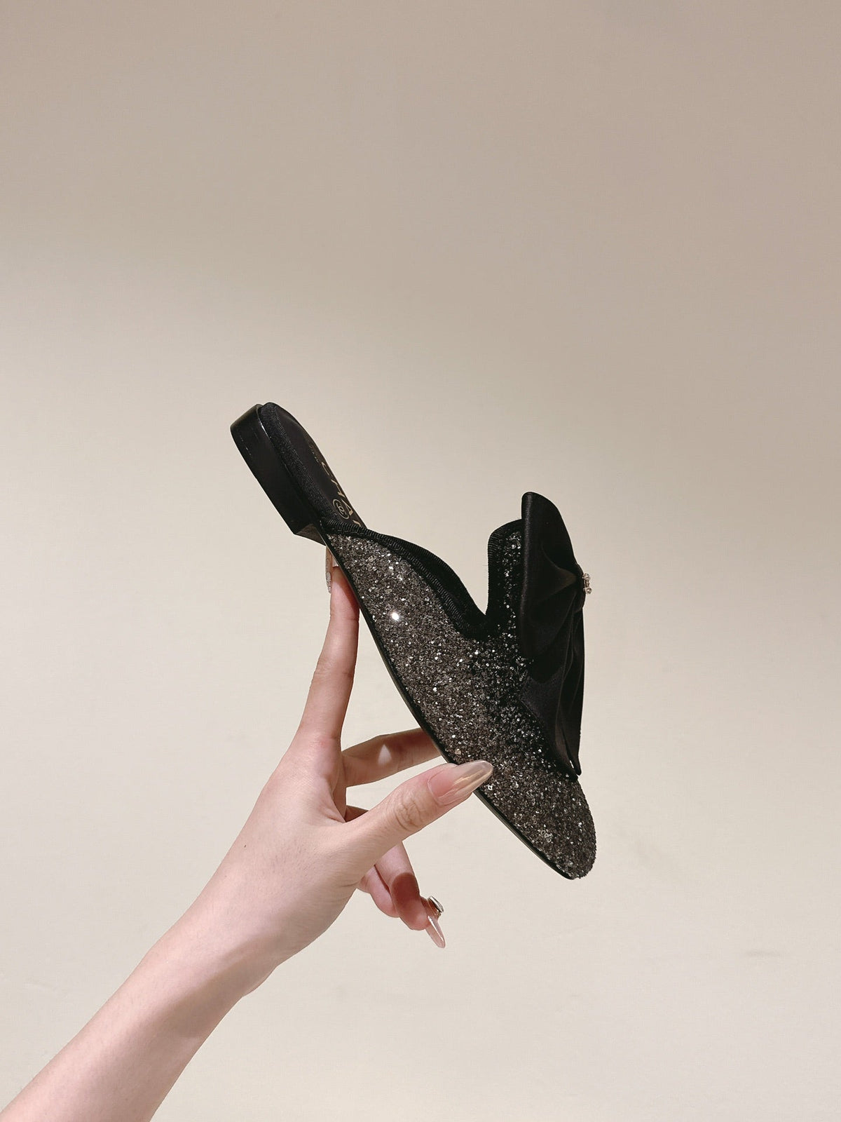 CC JEWELED MULE WITH SILK BOW AND BLACK LAMBSKIN