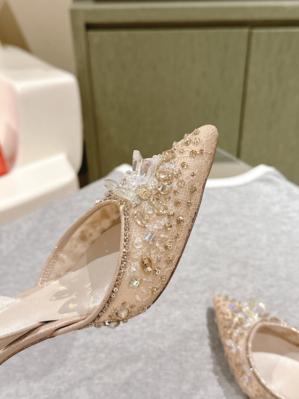 RC 25C Slingback Diamond High Heel 7.5cm Beige Silk Rhinestones 268079