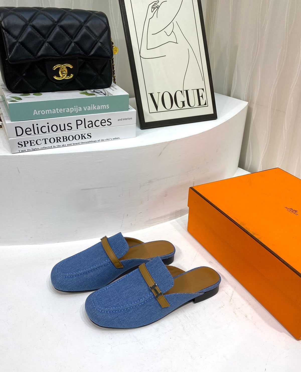 IENA MULE LAPIS CANVAS AND CARAMEL CALFSKIN