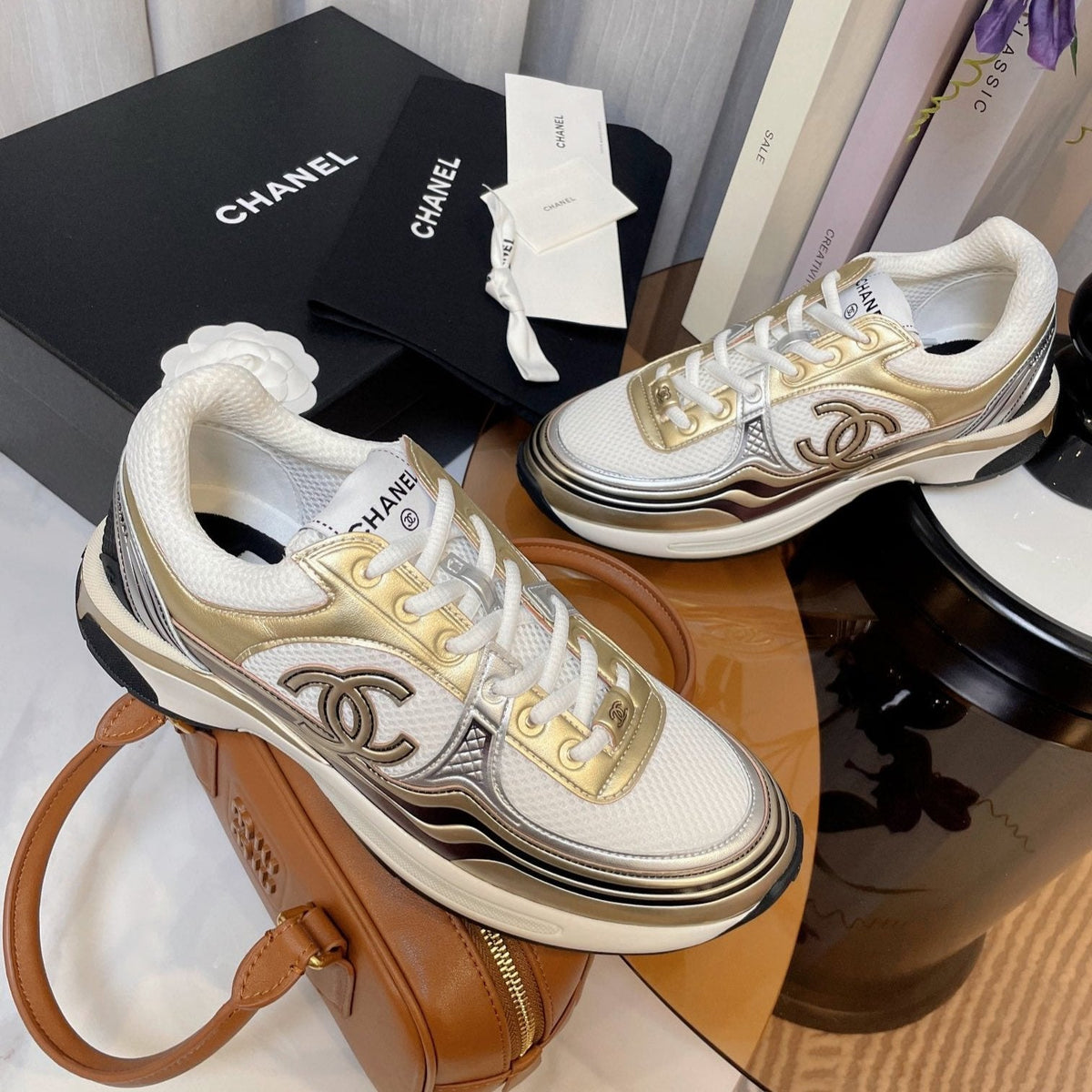 cc classic sneaker white fabric gold metalic calfskin