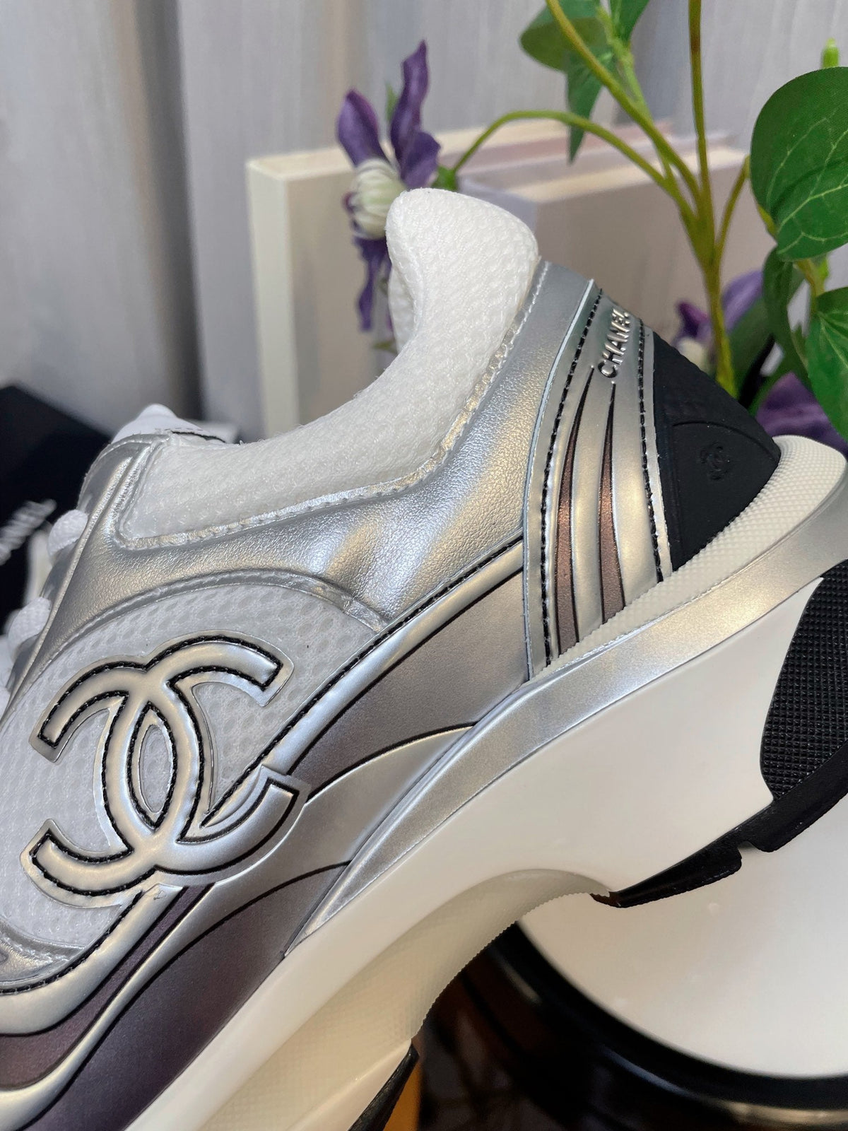 cc classic sneaker white fabric silver metalic calfskin