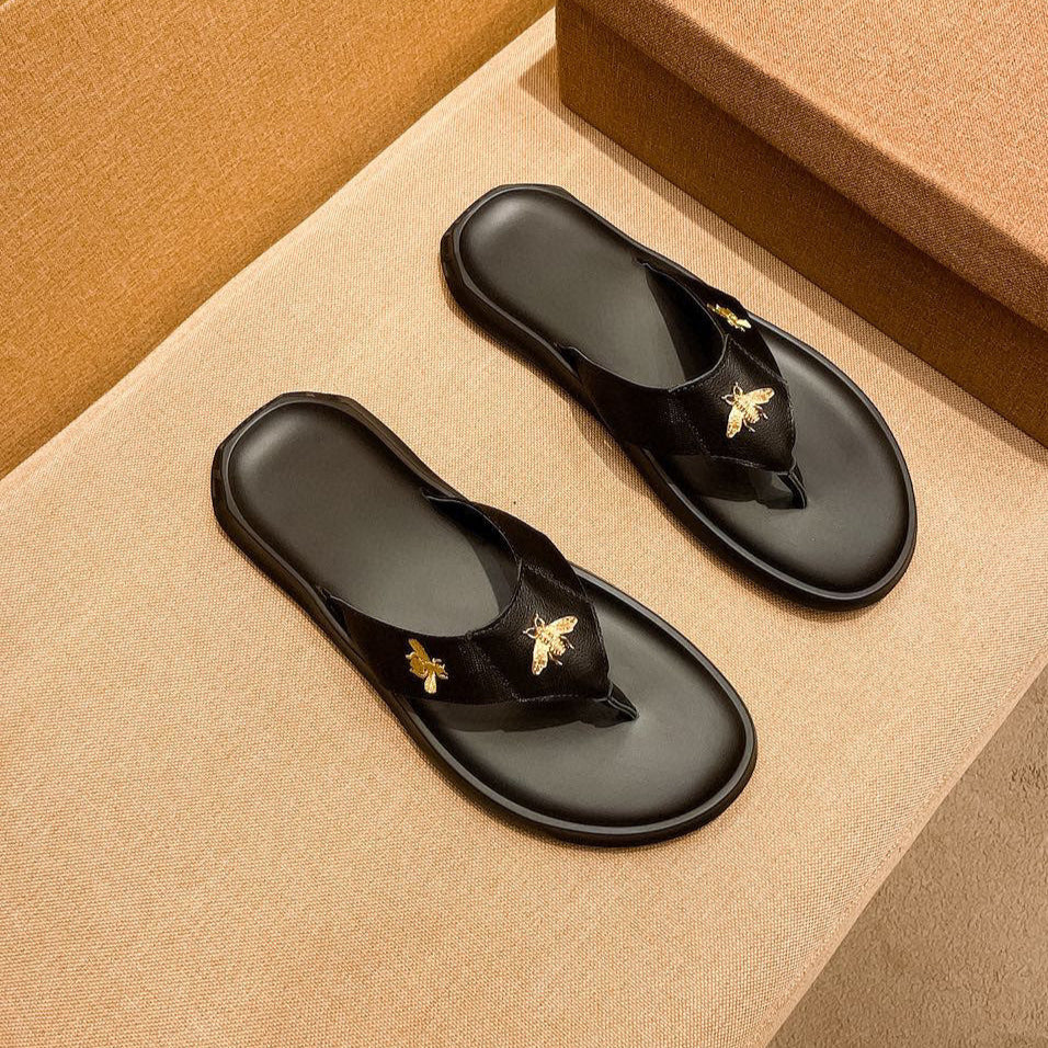 GG Men's Bee Sandals Slide Black Leather 587238