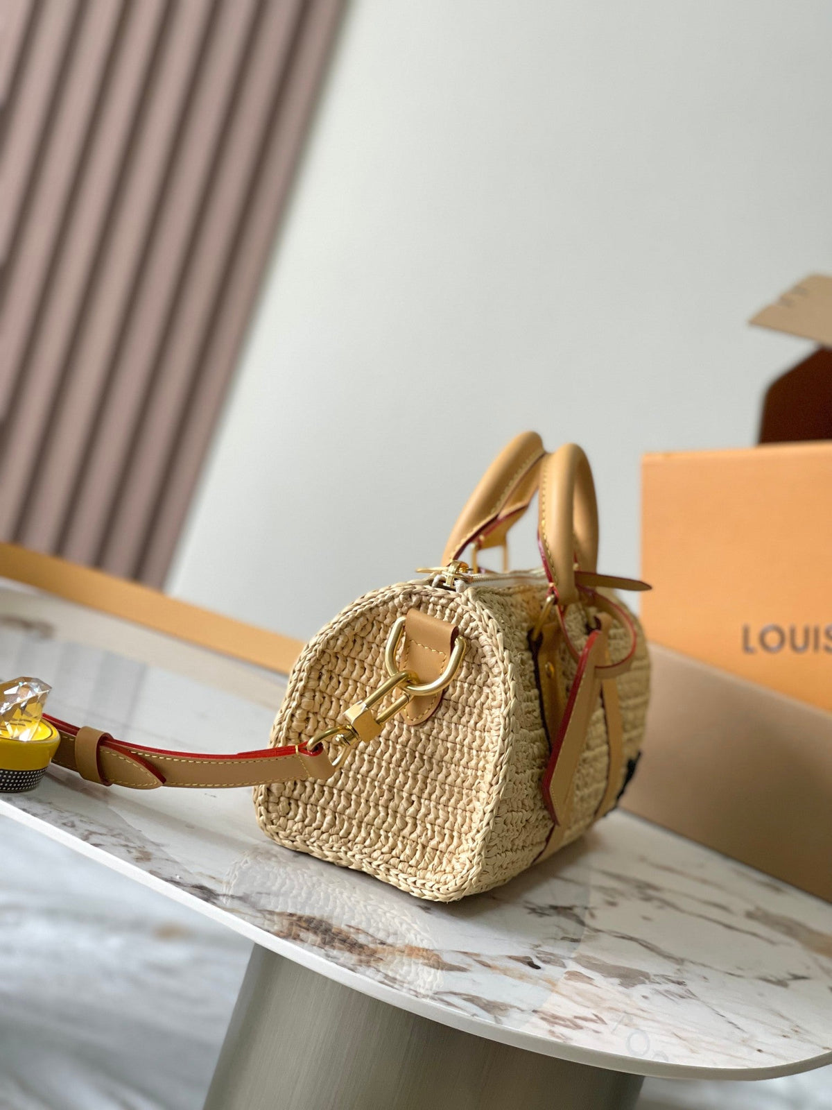 keepall bandouliere 25cm beige raffia tan calfskin