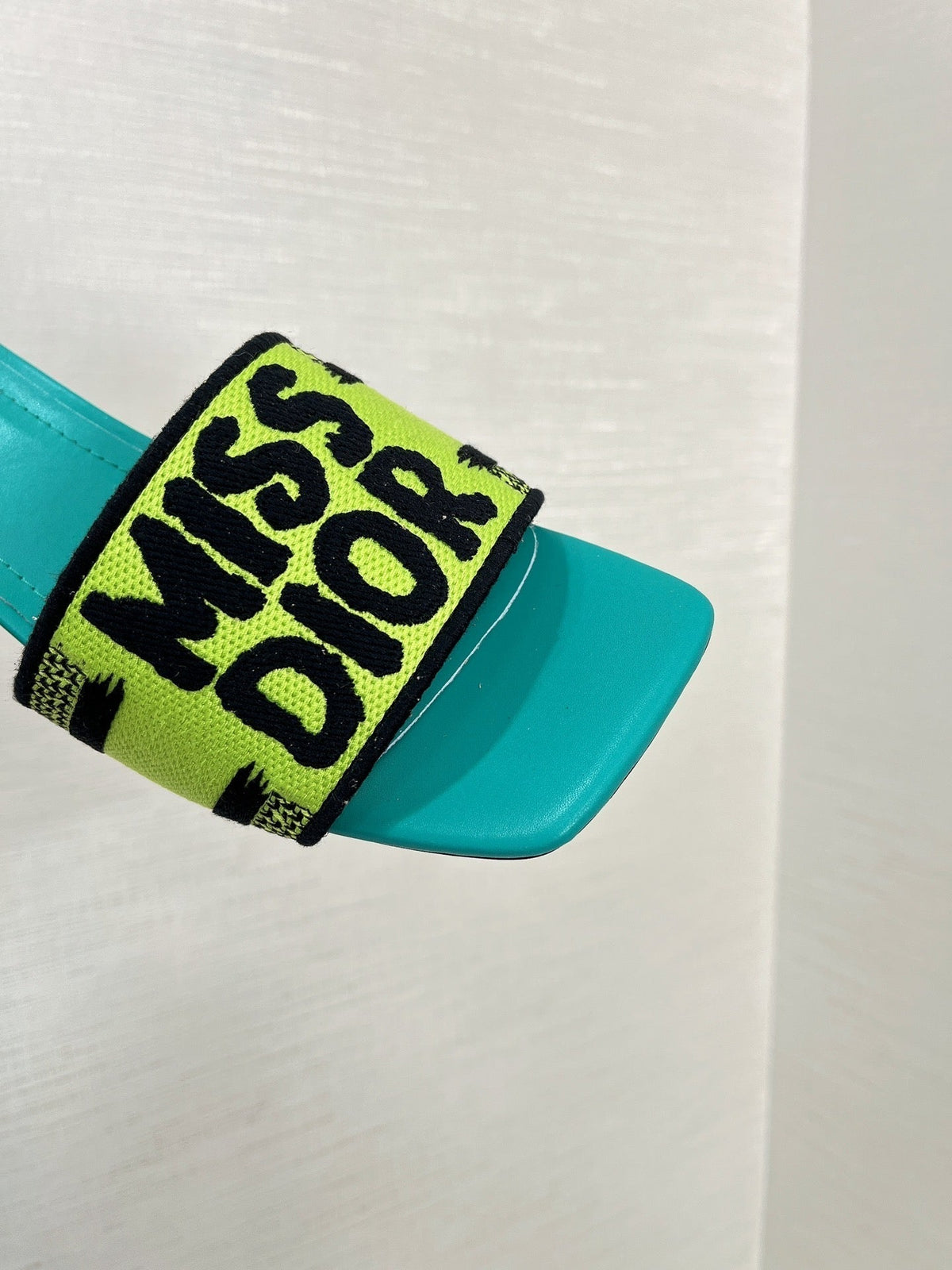 dway heeled slide 35 lime blue embroidered cotton