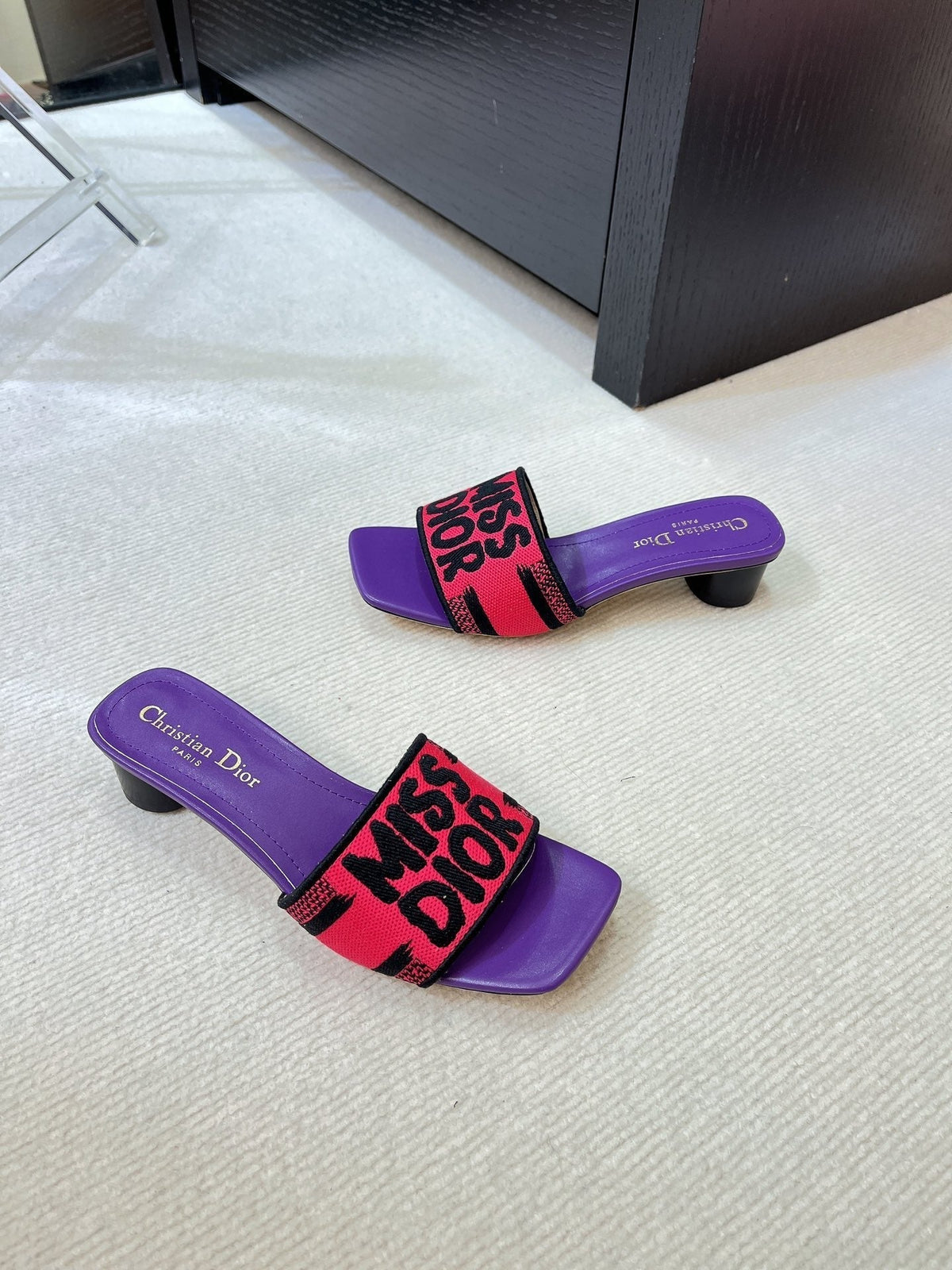 dway heeled slide 35 red purple embroidered cotton