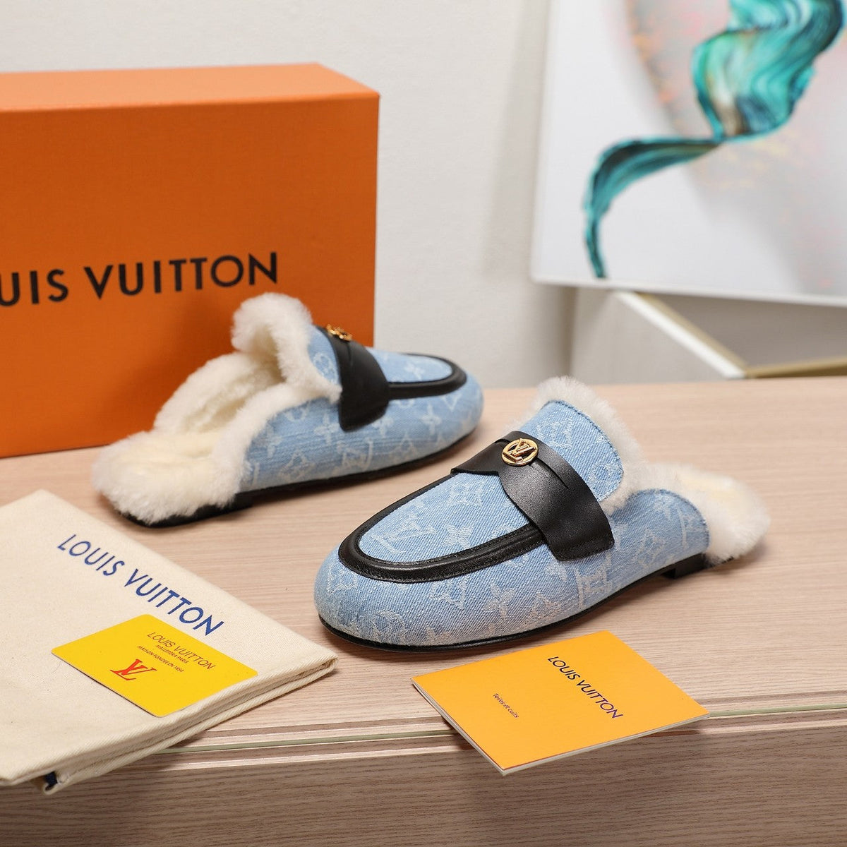 LV 25C Flat Mule Blue Pastel Monogram Denim Fabric With white fleece 218298
