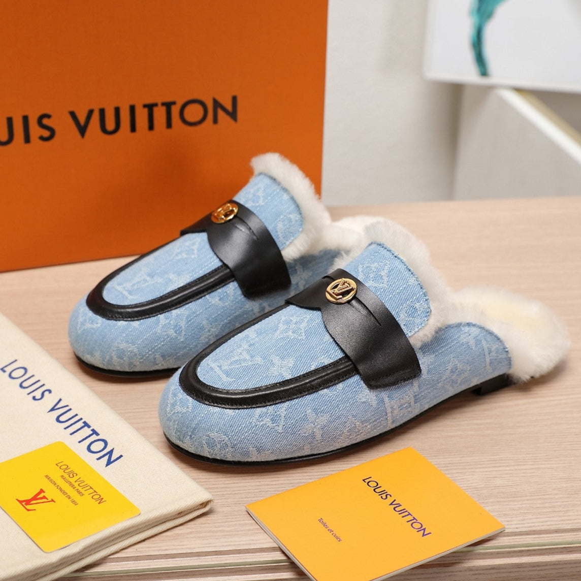 LV 25C Flat Mule Blue Pastel Monogram Denim Fabric With white fleece 218298