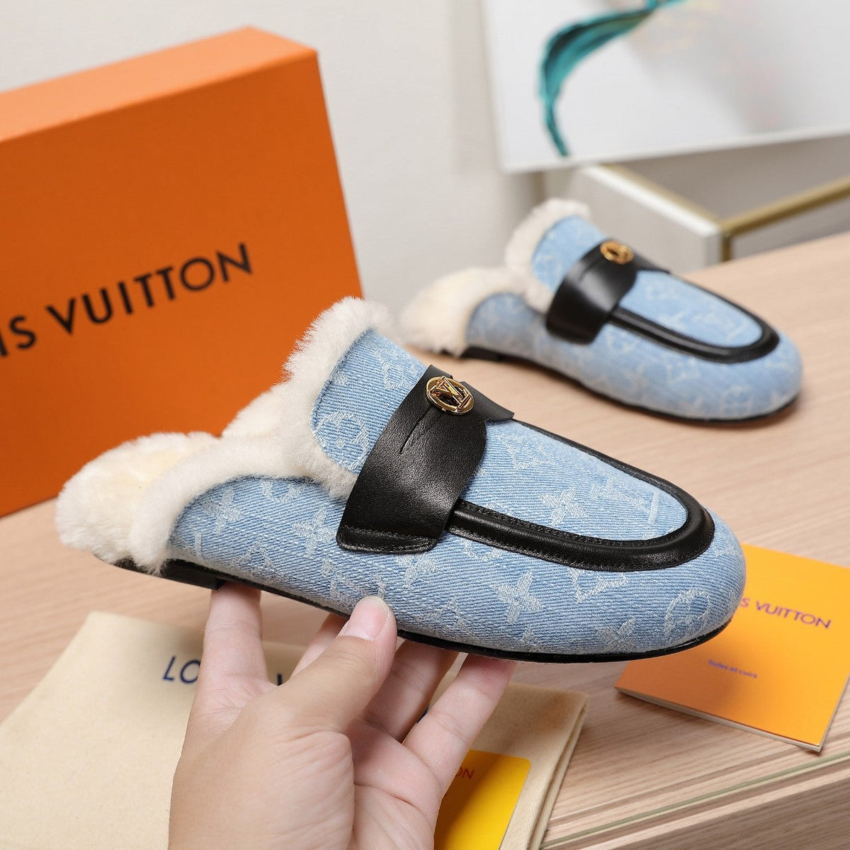 LV 25C Flat Mule Blue Pastel Monogram Denim Fabric With white fleece 218298