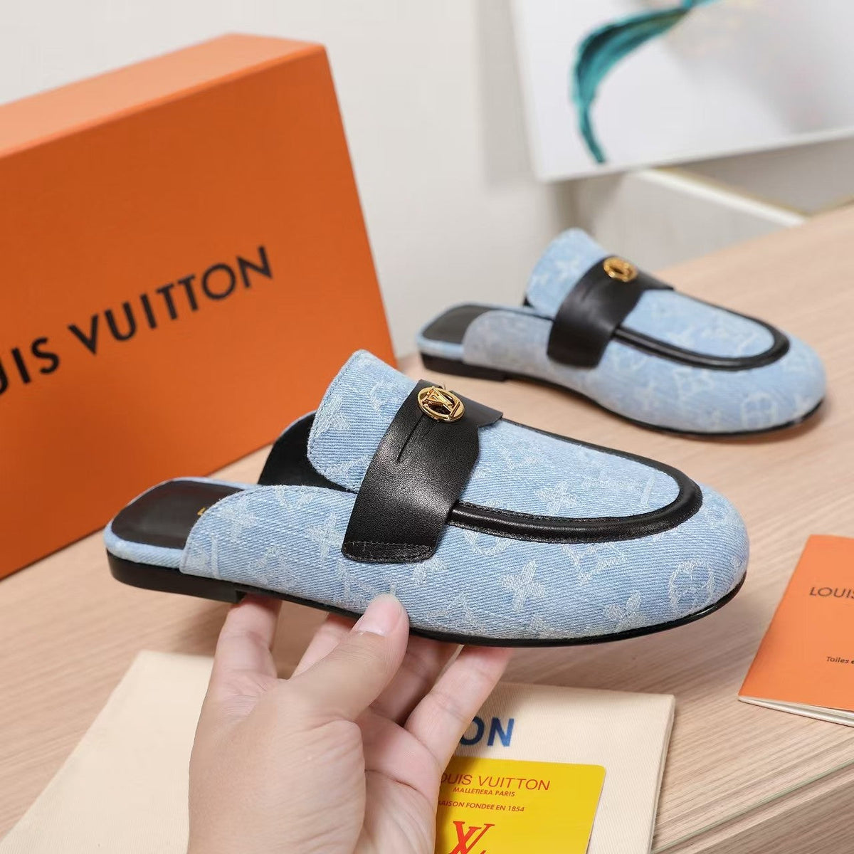 LV 25C Flat Mule Blue Pastel Monogram Cowhide 218316