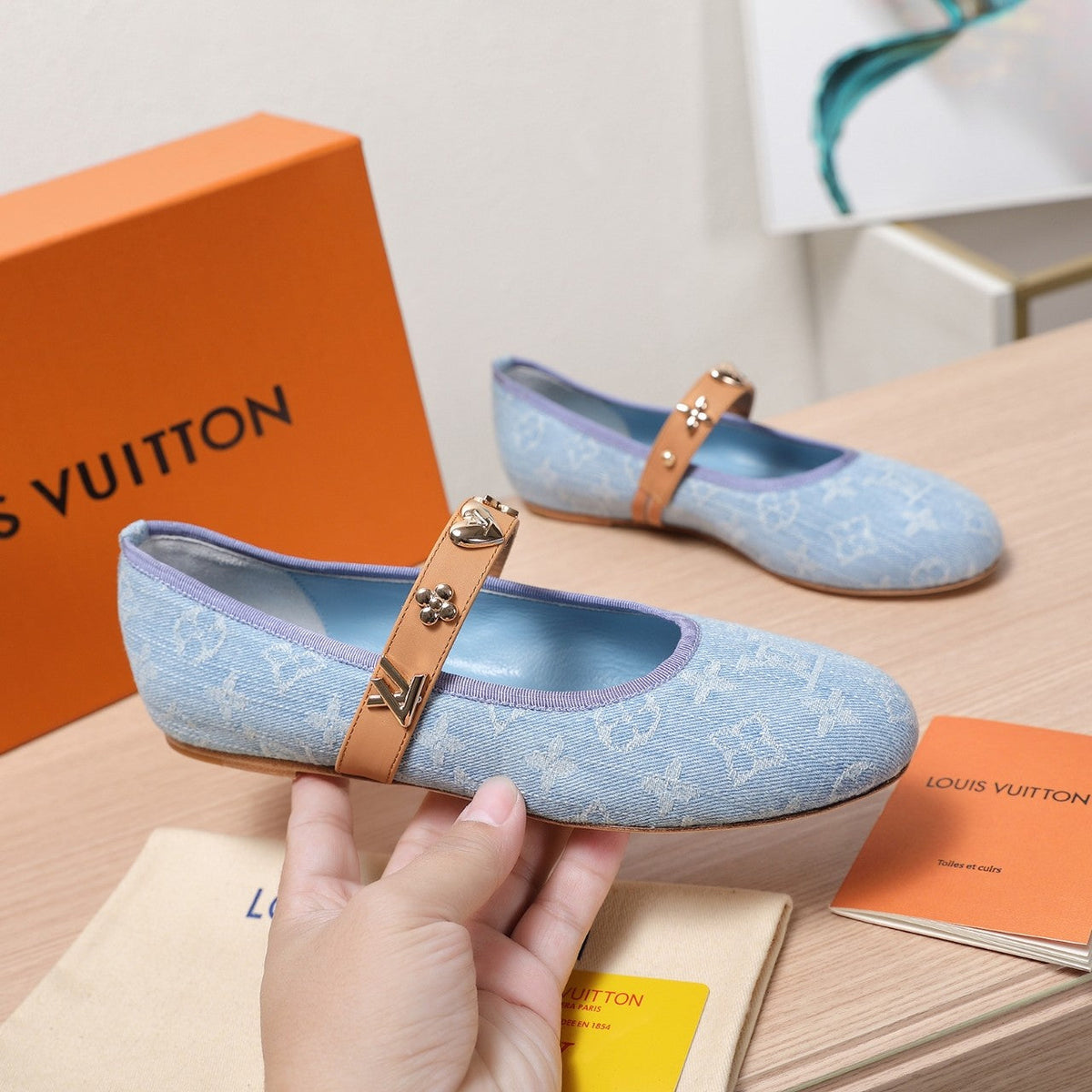 LV 25C Romy Flat Blue Pastel Monogram Denim Fabric With gold logo 218310