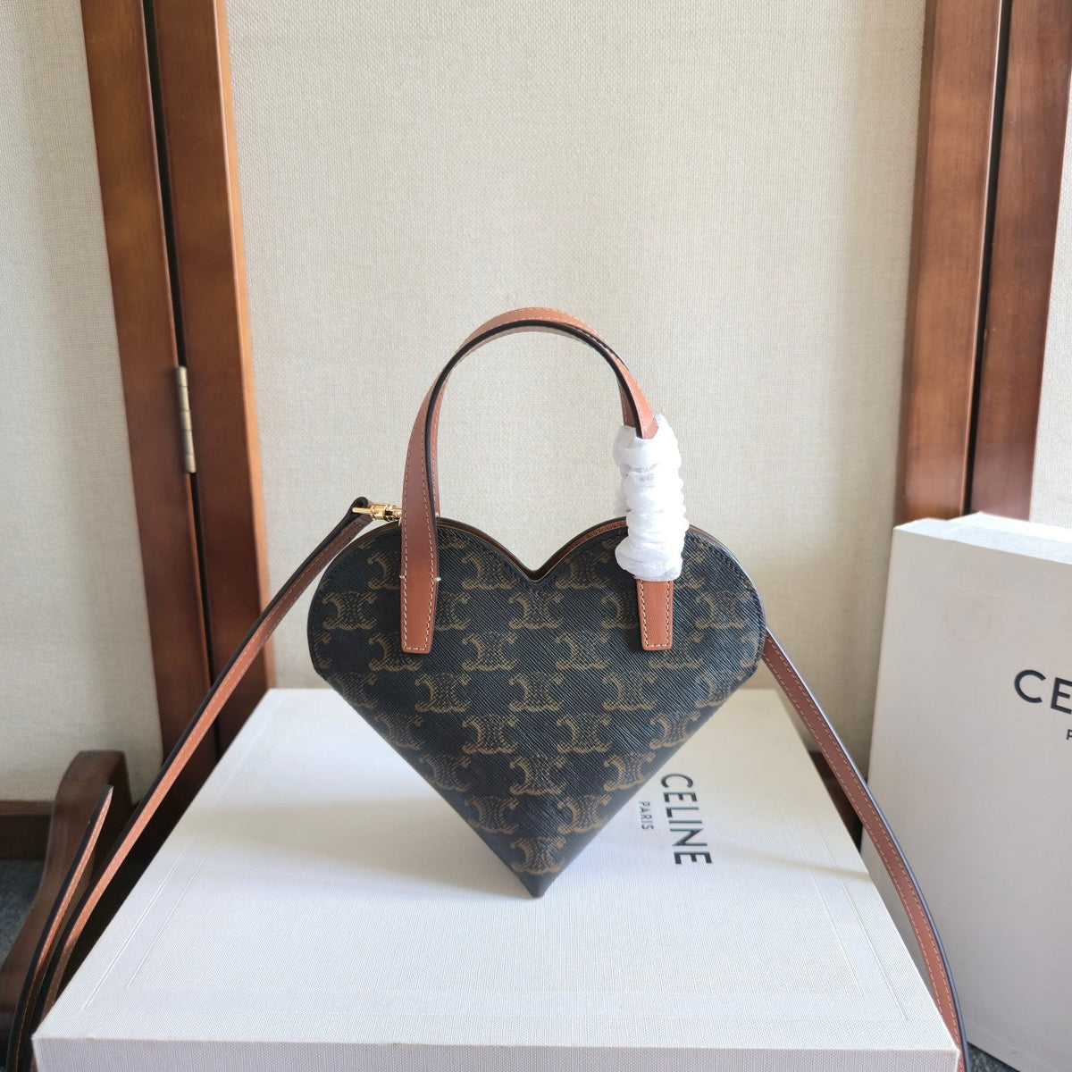Celine 2025 Heart-Shaped Bag 19cm Black Tan Canvas Calfskin 276287