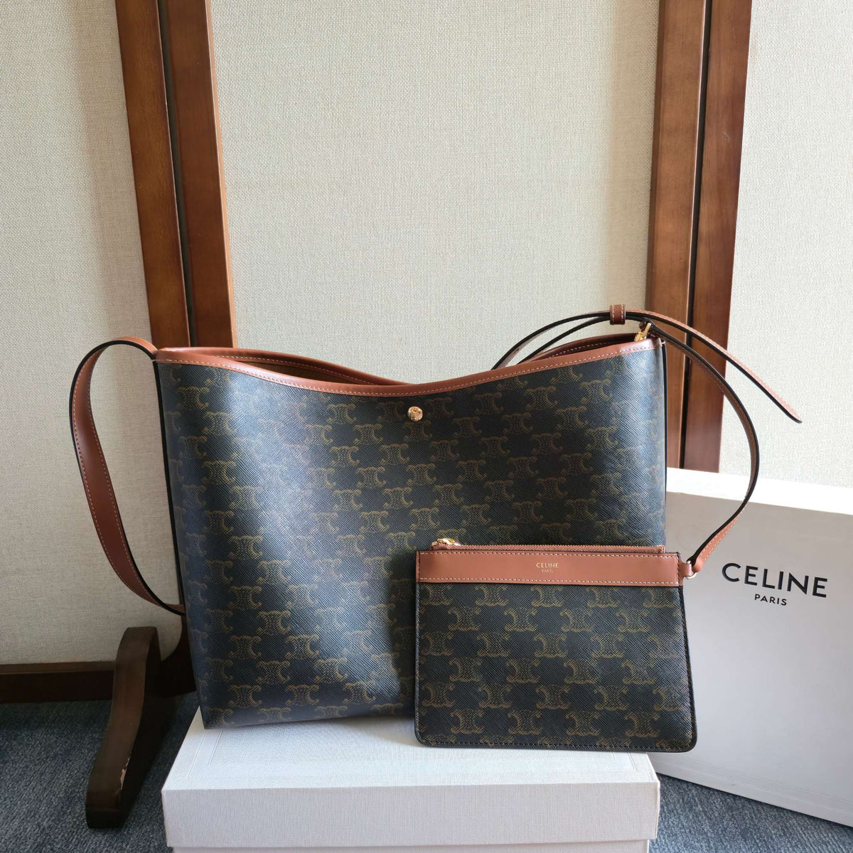 Celine 2025 Soft Shopper Bag Black Tan Canvas Calfskin 276292