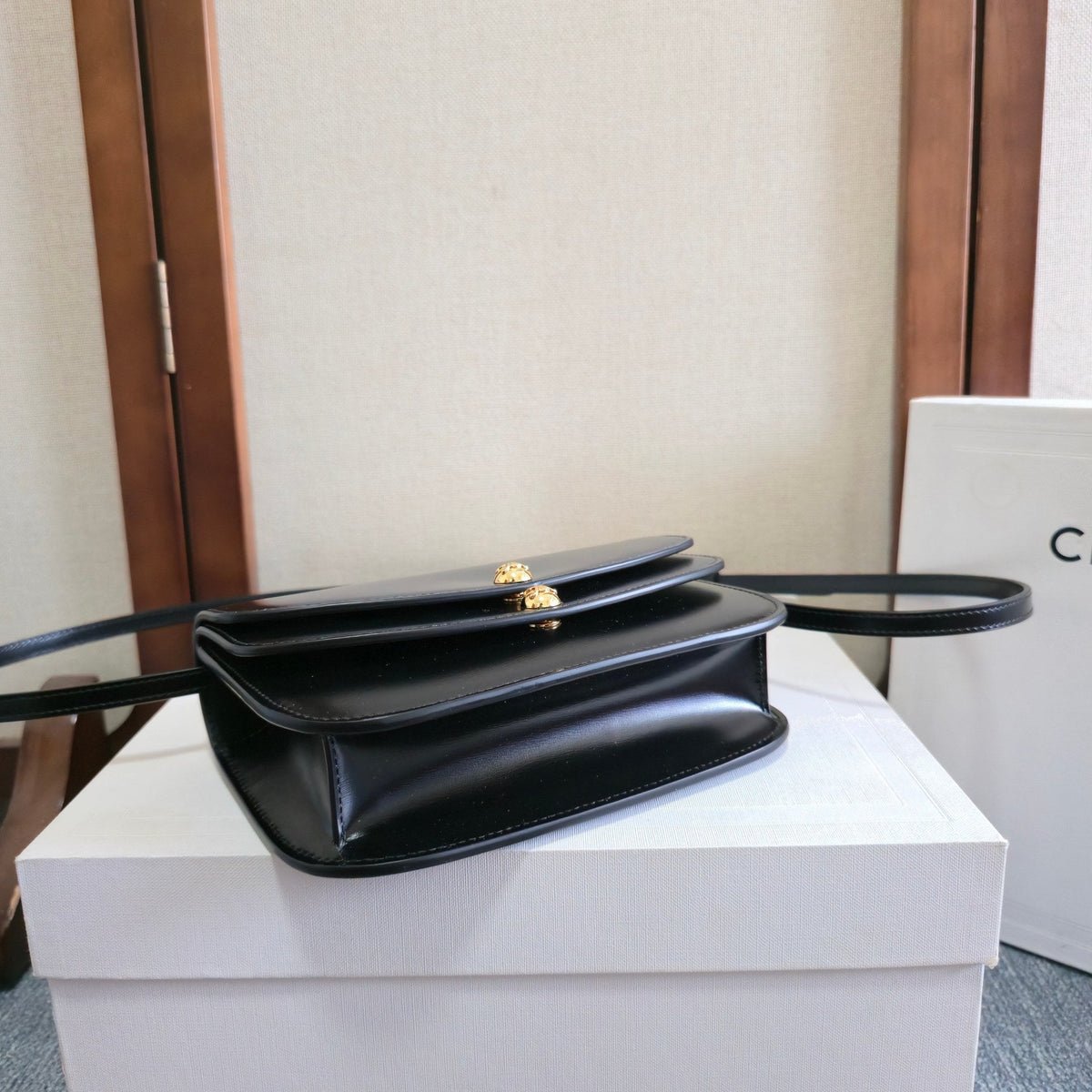 Celine 2025 Duo Wallet On Strap Bag 20cm Black Shinny Calfskin 276323