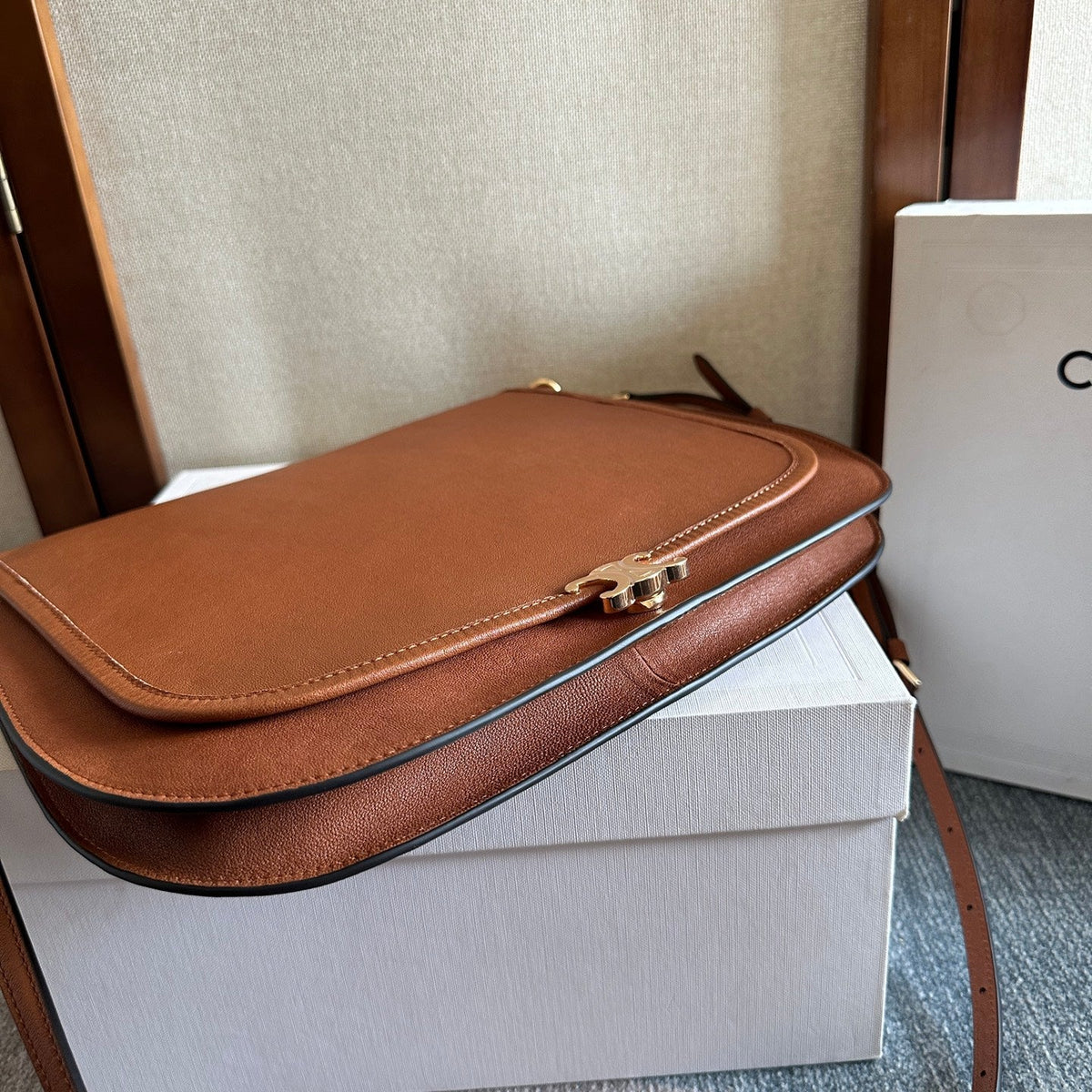 Celine 2026 Besace Triomphe Bag 32cm Tan Shiny Lambskin 276305