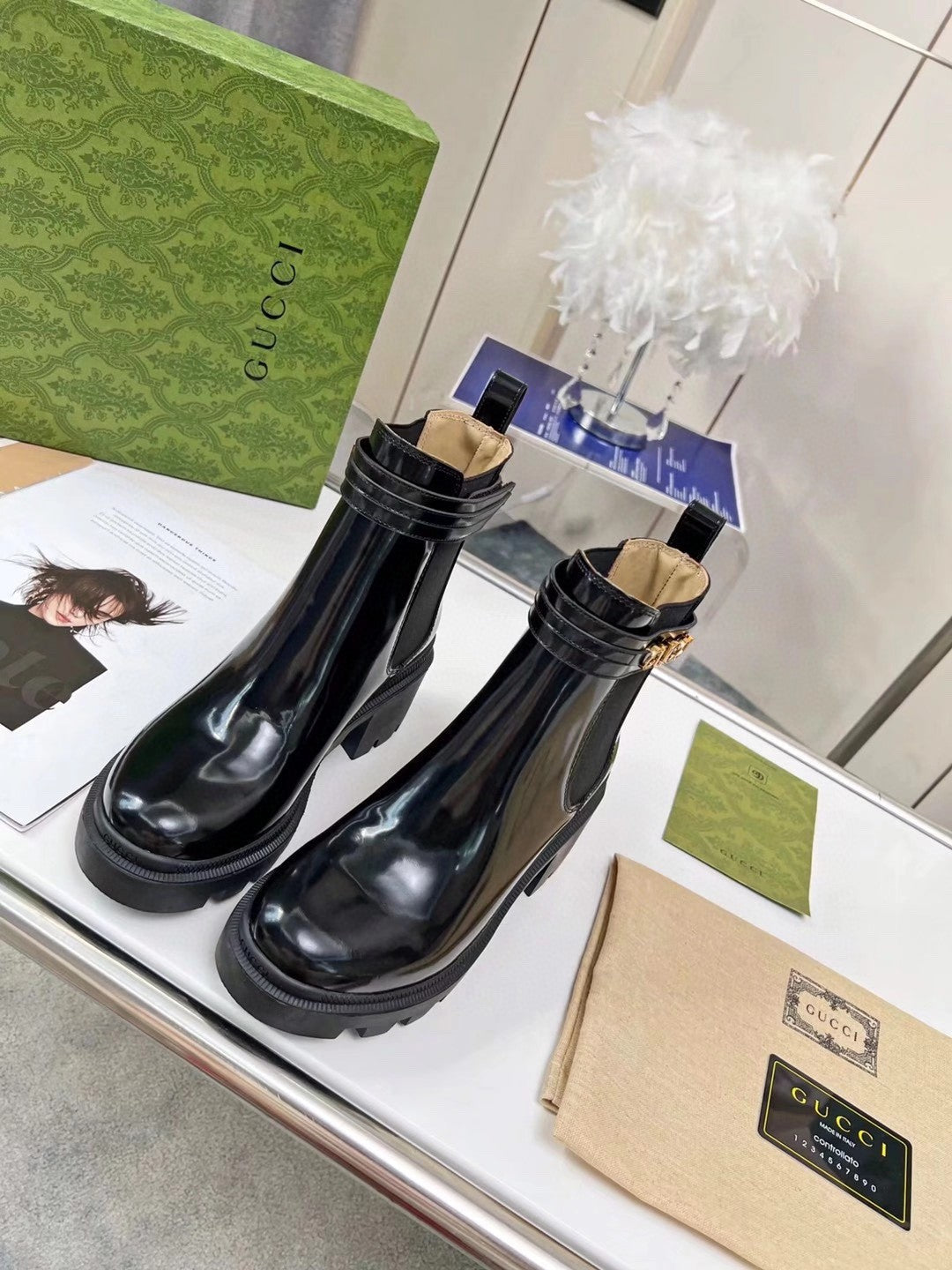 GG ankle boots  black cowhide gold buckle