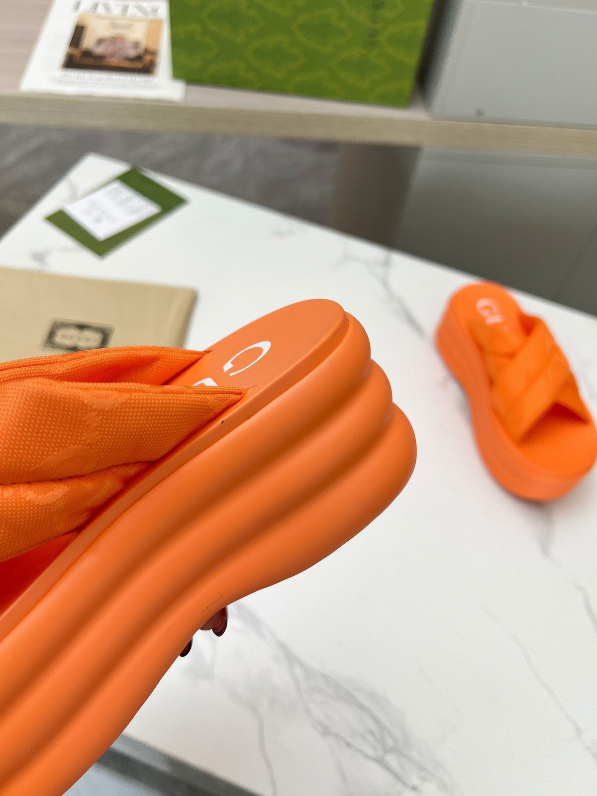 GG waterproof platform slippers orange fabric
