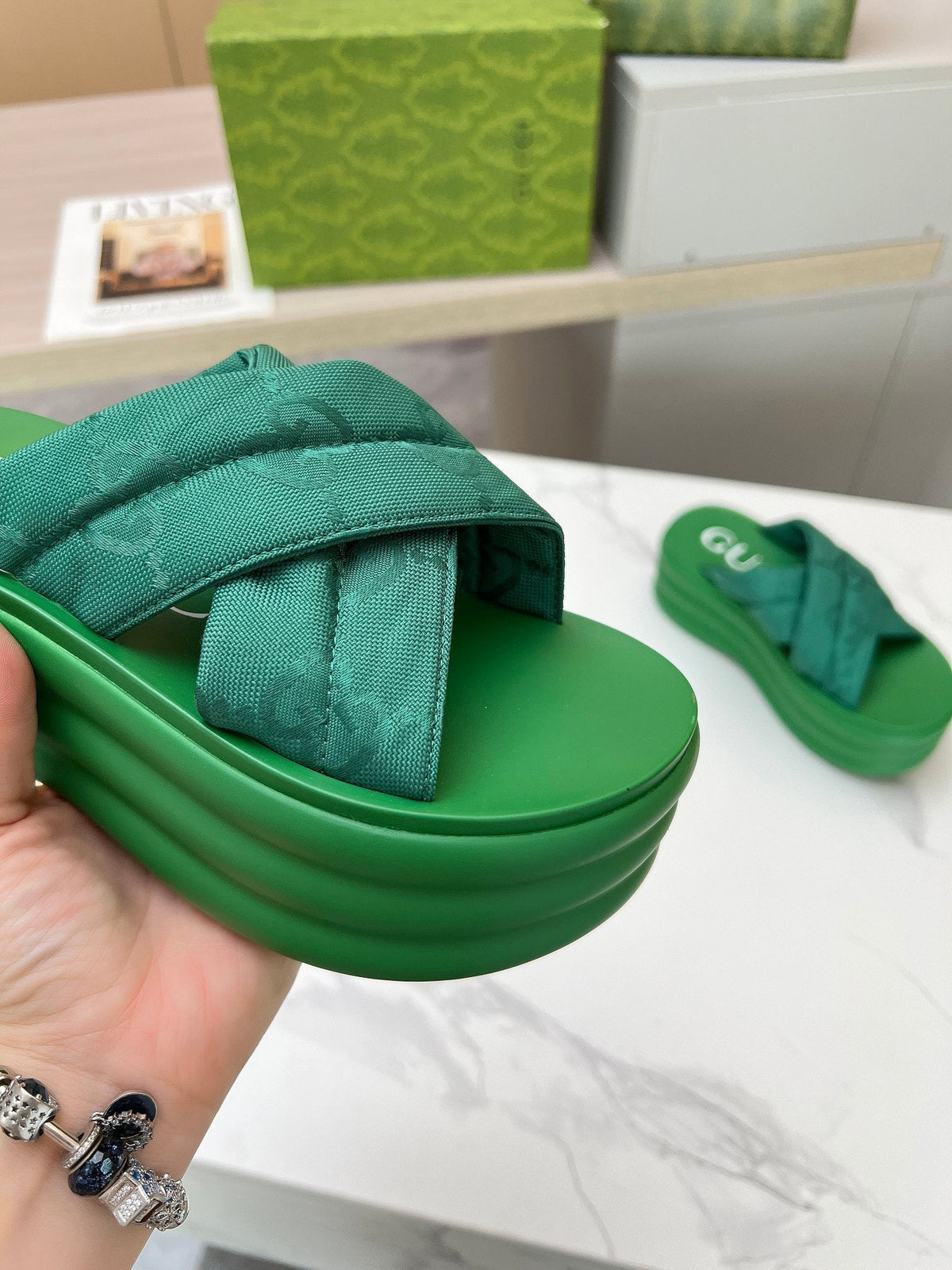 GG waterproof platform slippers green fabric