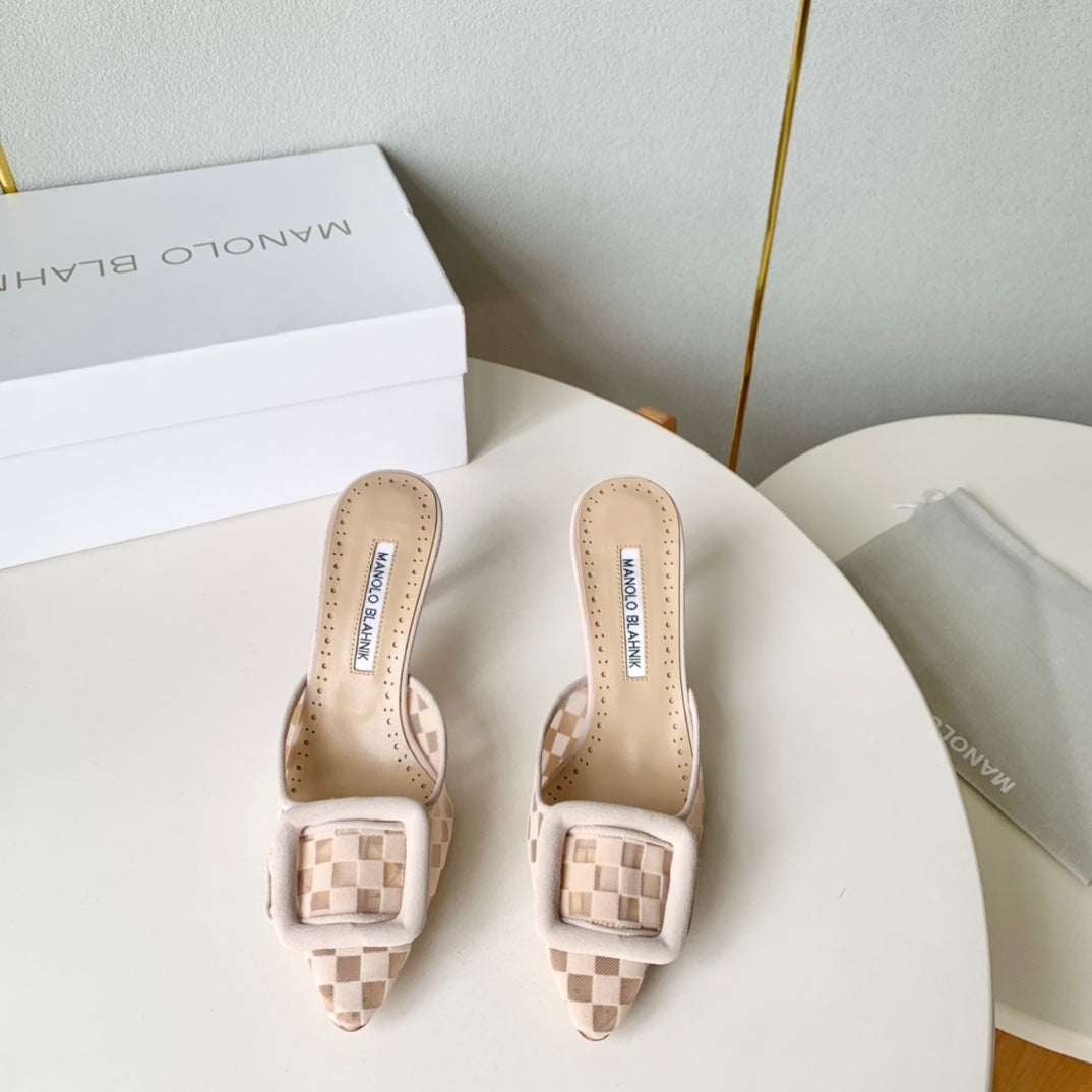 Manolo Mules Latest Checkerboard Beige Fabric Leather 528011