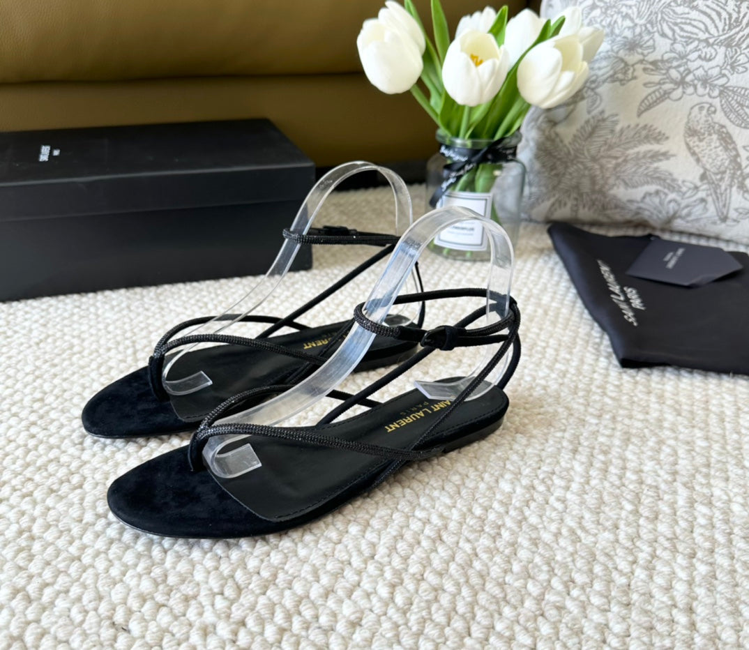 SL CRYSTAL FLAT SANDALS BLACK SUEDE