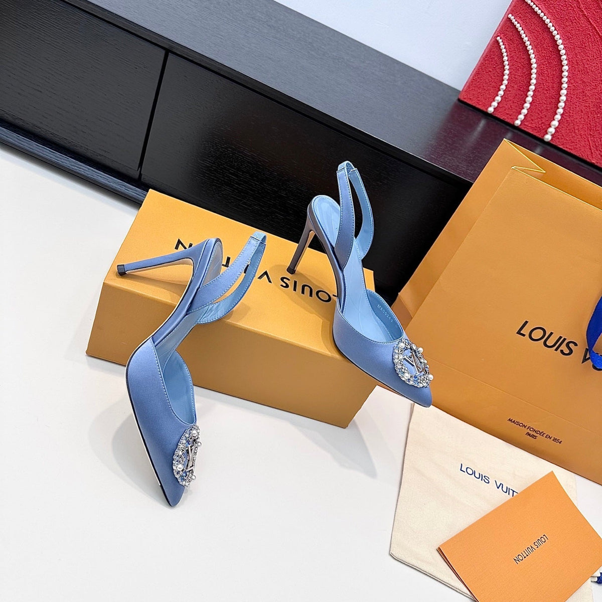 LV 26s  Slingback 95 Light Blue Premium Satin 622436