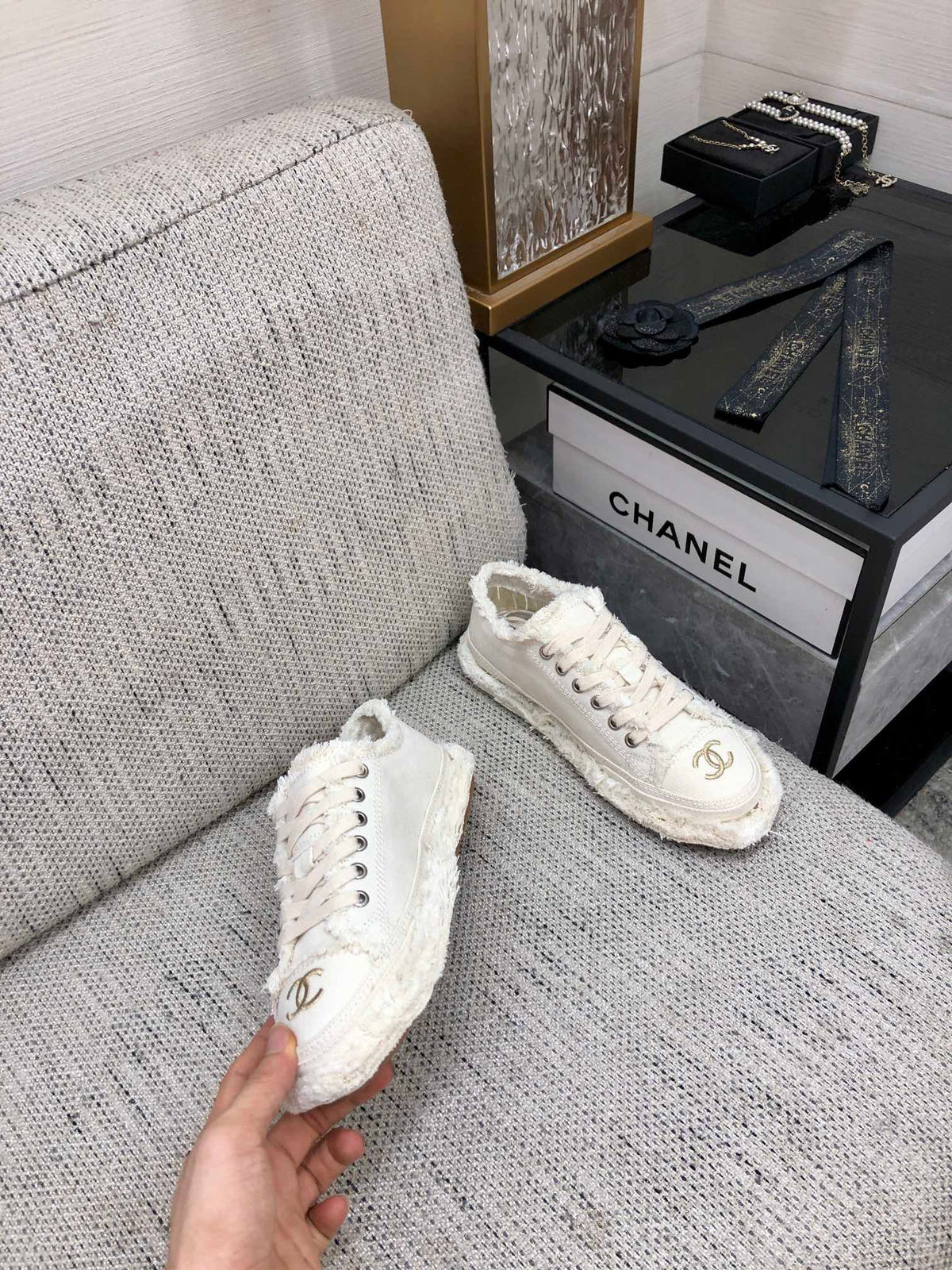 CC Sneaker White Fringe Denim Fabric