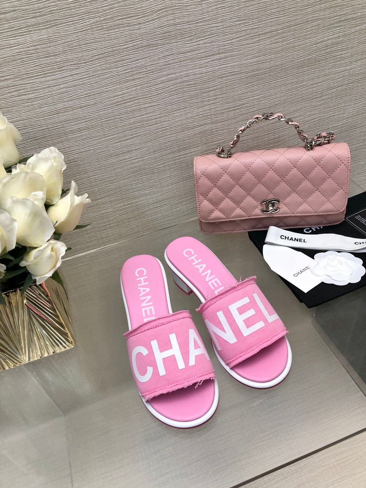 CC 25C Mid Heel Mule Pink Fabric Material 212962