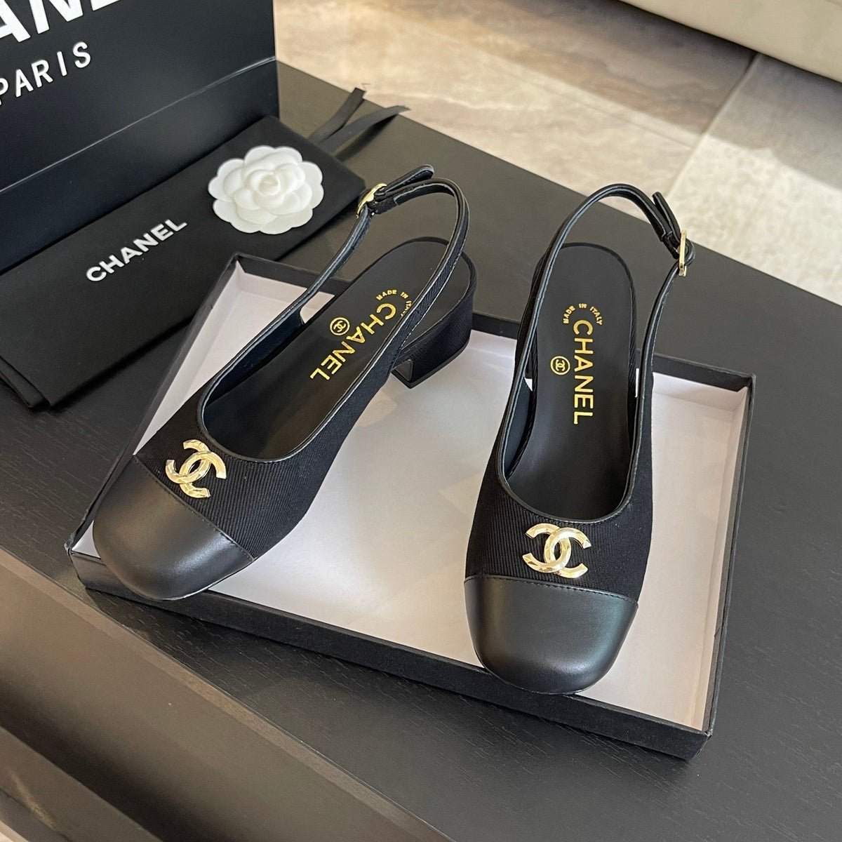 cc slingback 50 black grosgrain calfskin