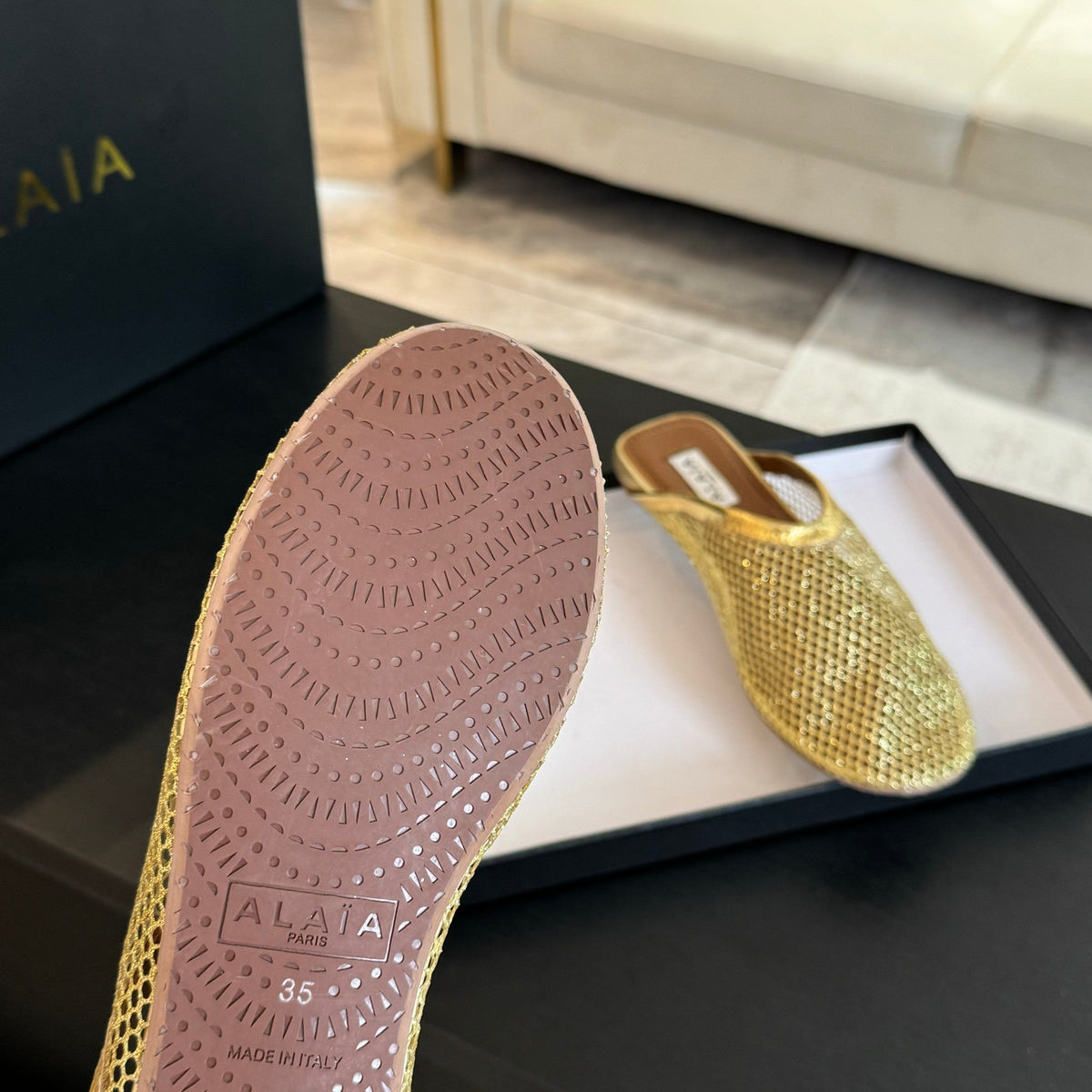 flat mule fishnet gold metalic lambskin