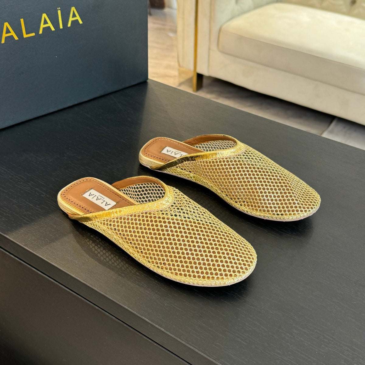 flat mule fishnet gold metalic lambskin