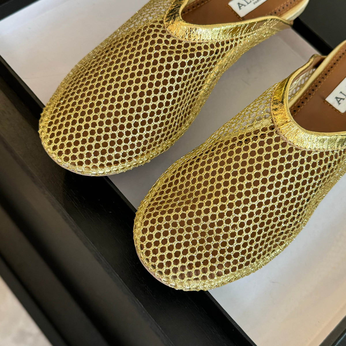 flat mule fishnet gold metalic lambskin