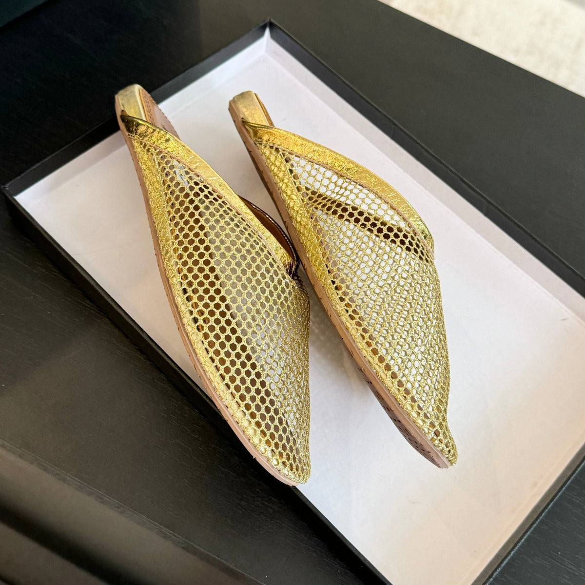 flat mule fishnet gold metalic lambskin