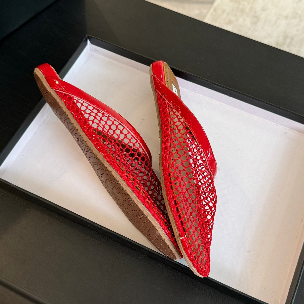 flat mule fishnet red lambskin