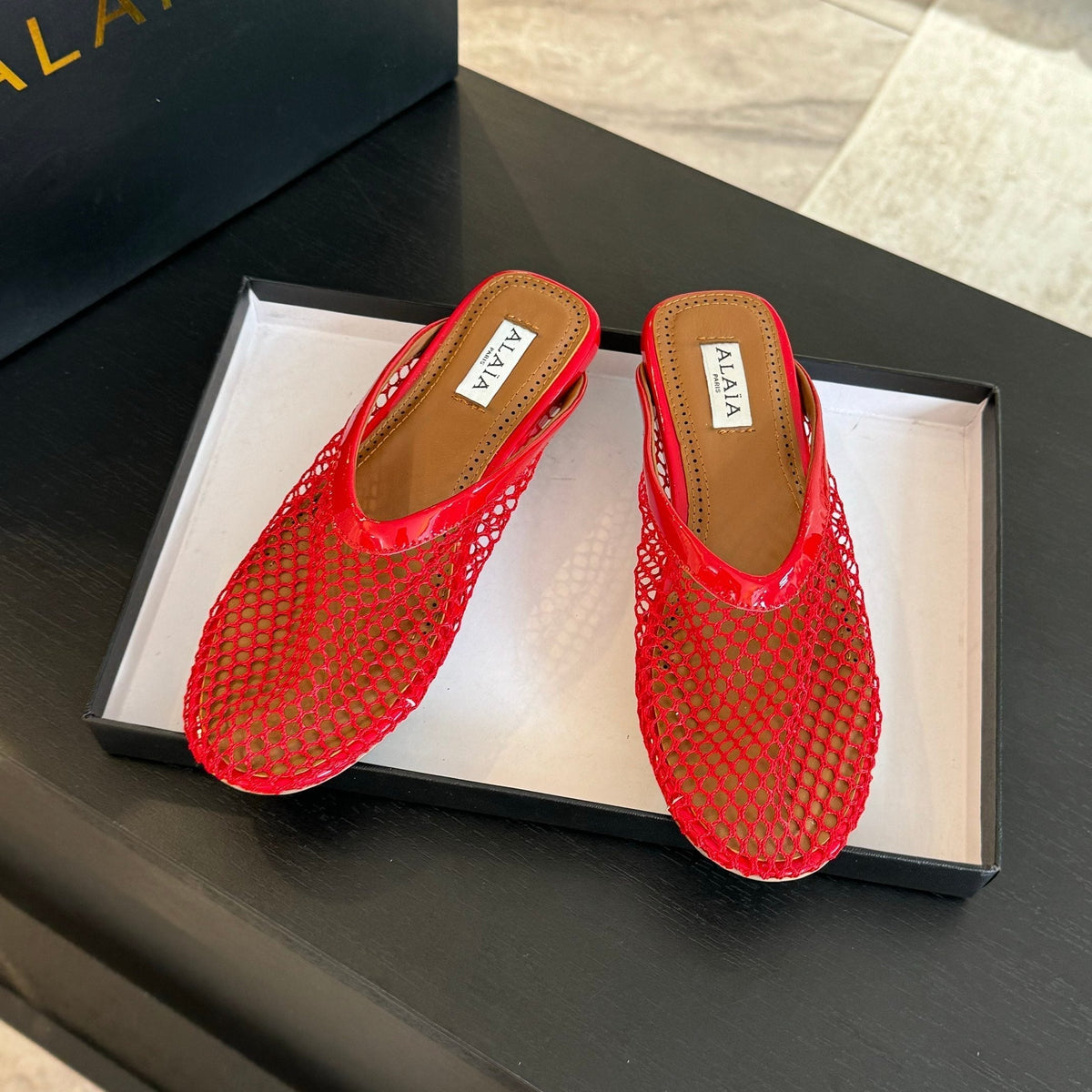 flat mule fishnet red lambskin