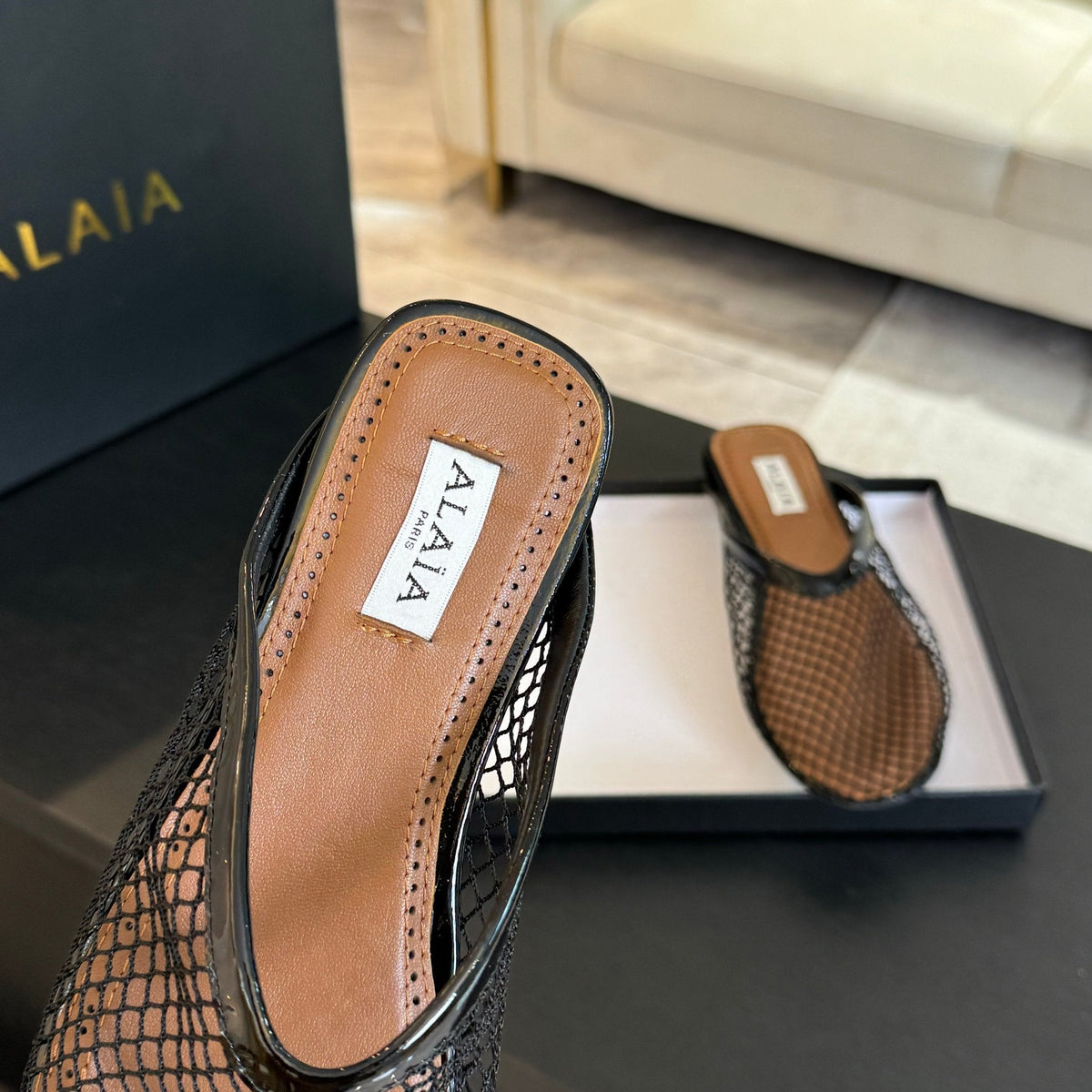 flat mule fishnet black lambskin