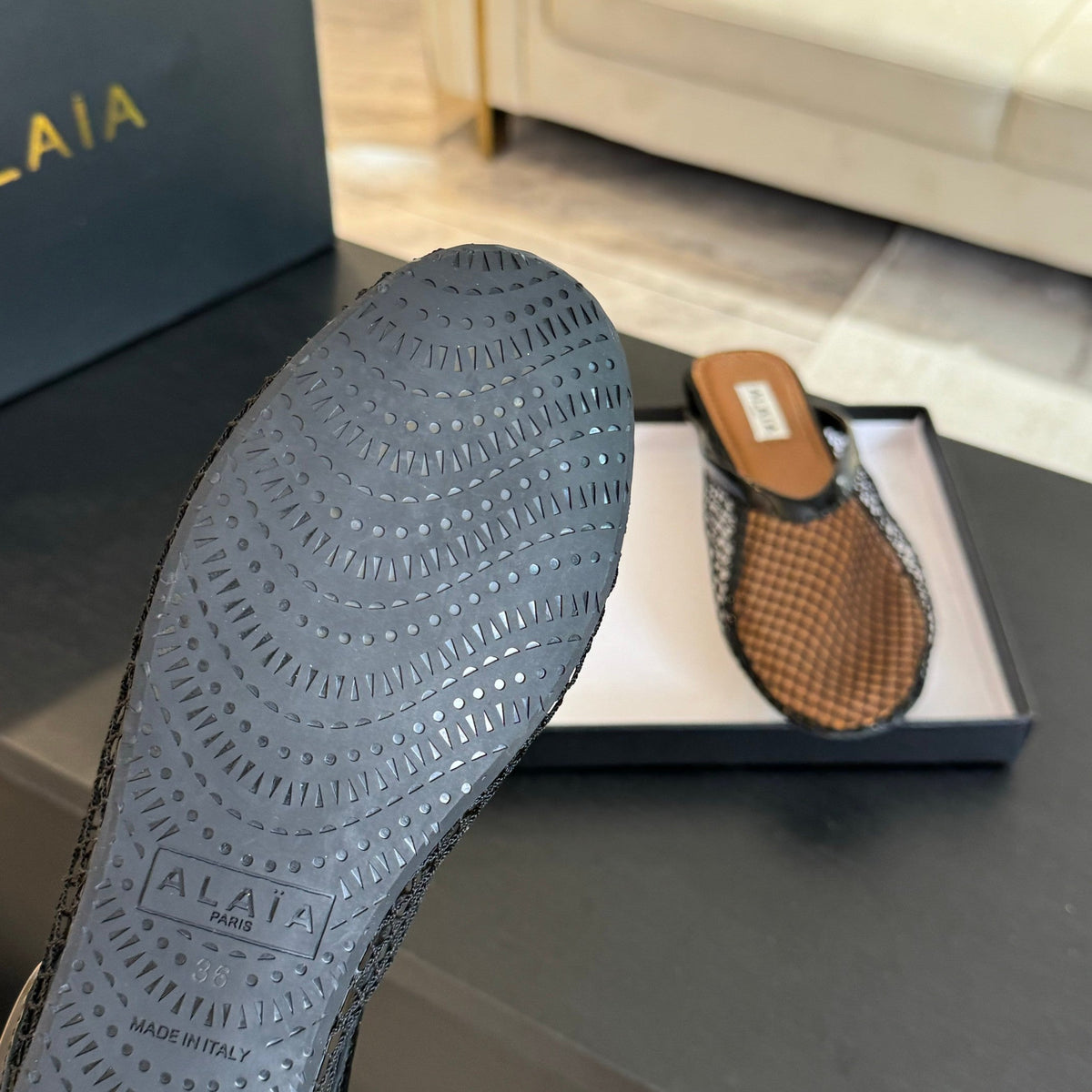 flat mule fishnet black lambskin