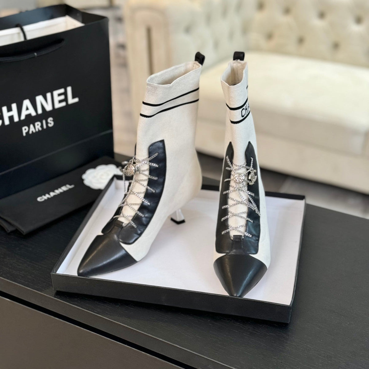 CC Ankle Boots White Black Chain Wool And Lambskin