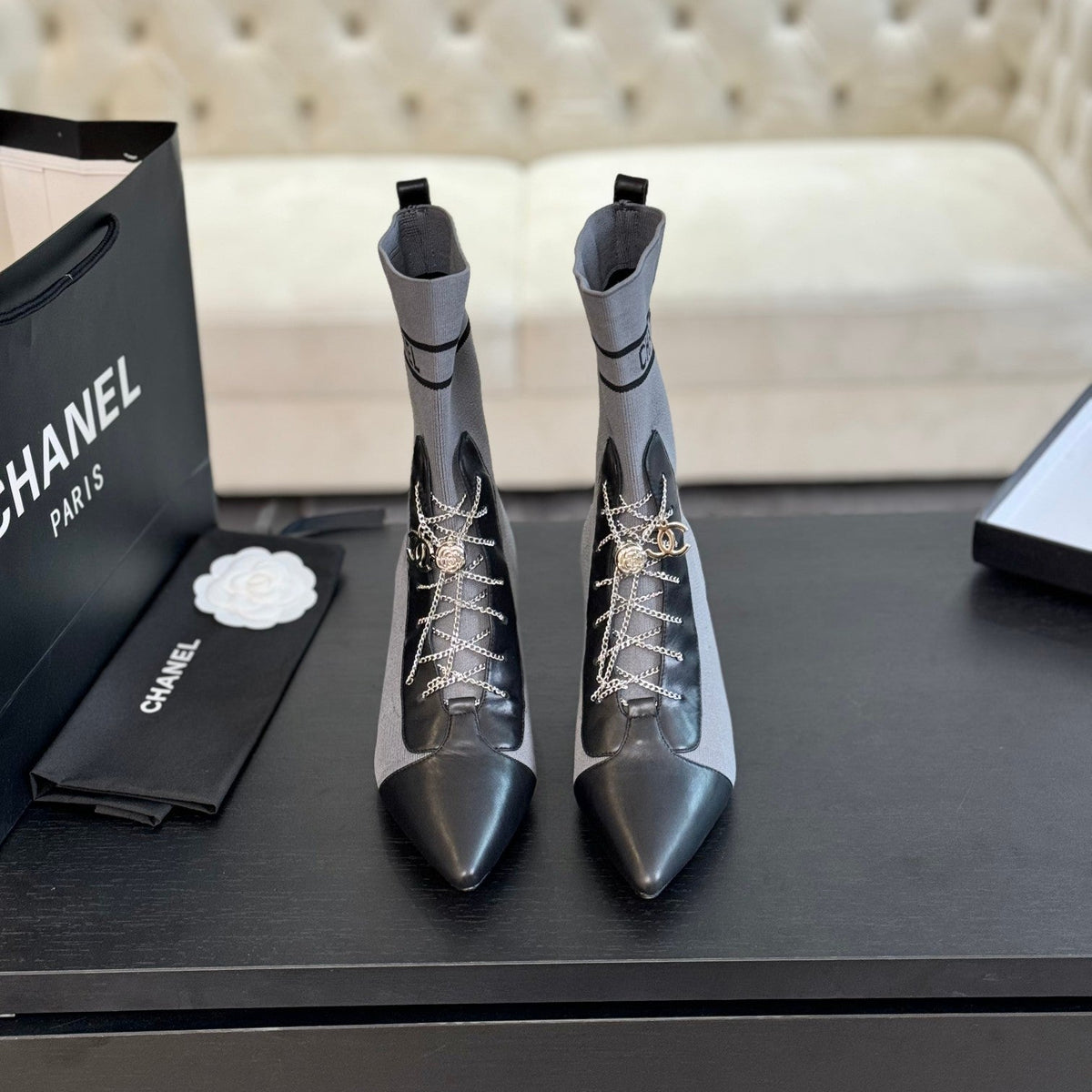 CC Ankle Boots Grey Black Chain Wool And Lambskin