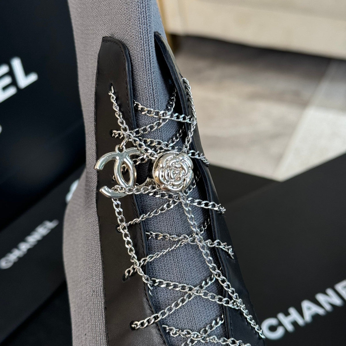 CC Ankle Boots Grey Black Chain Wool And Lambskin