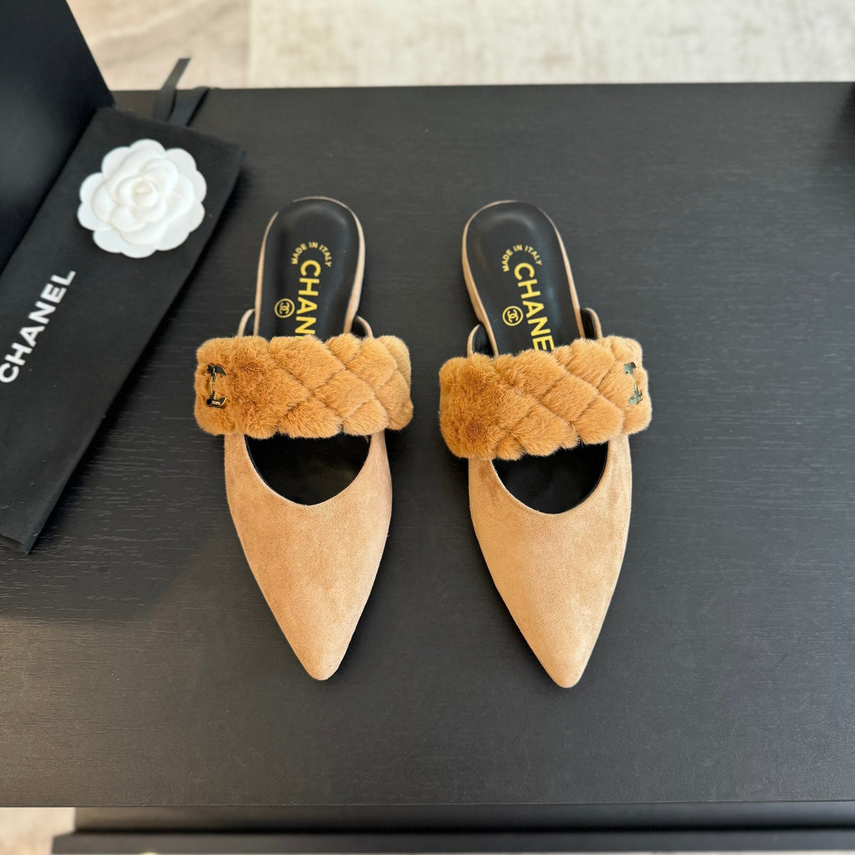 CC MULE IN SEPIA BEIGE SMOOTH FLEECE WITH GOLD HARDWARE