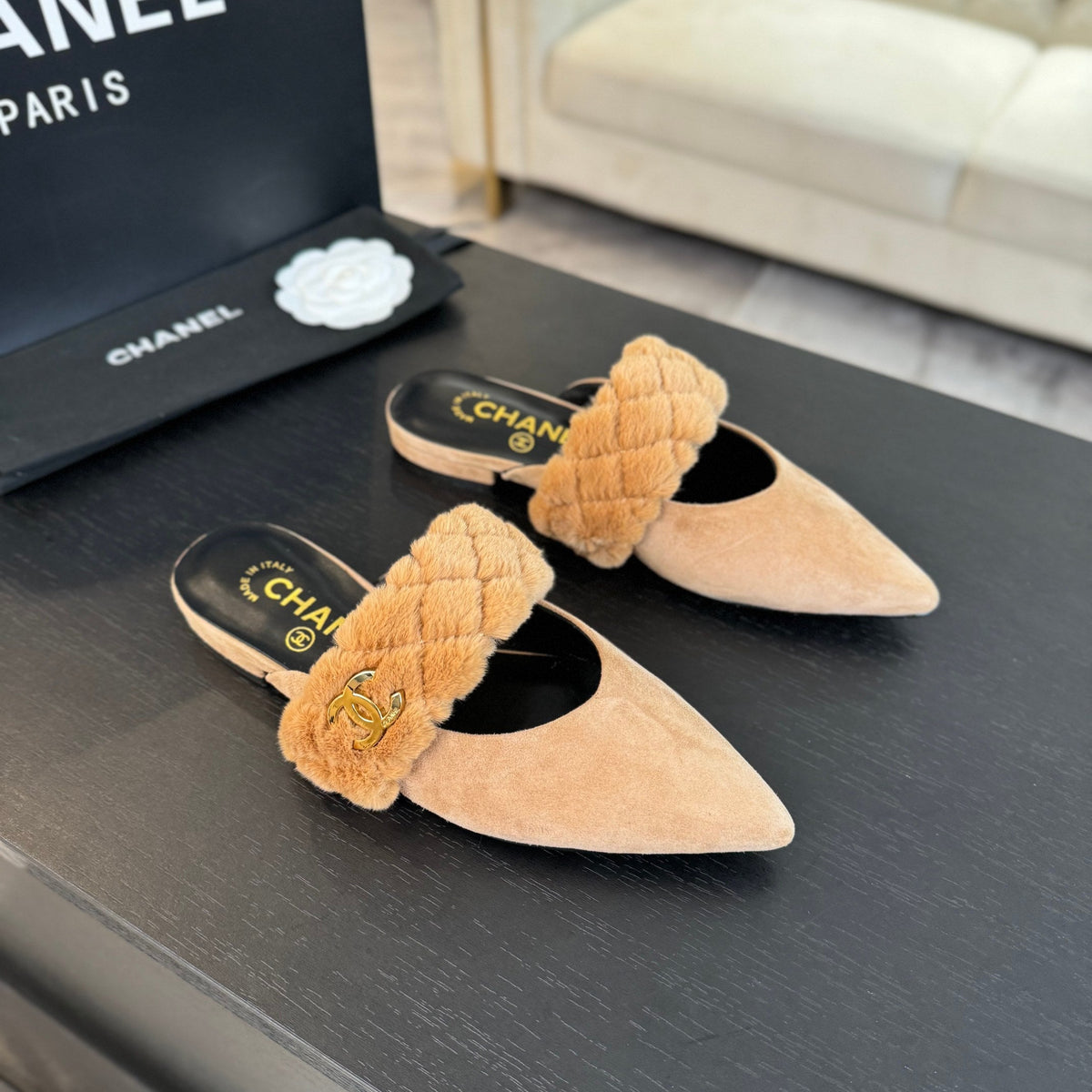 CC MULE IN SEPIA BEIGE SMOOTH FLEECE WITH GOLD HARDWARE