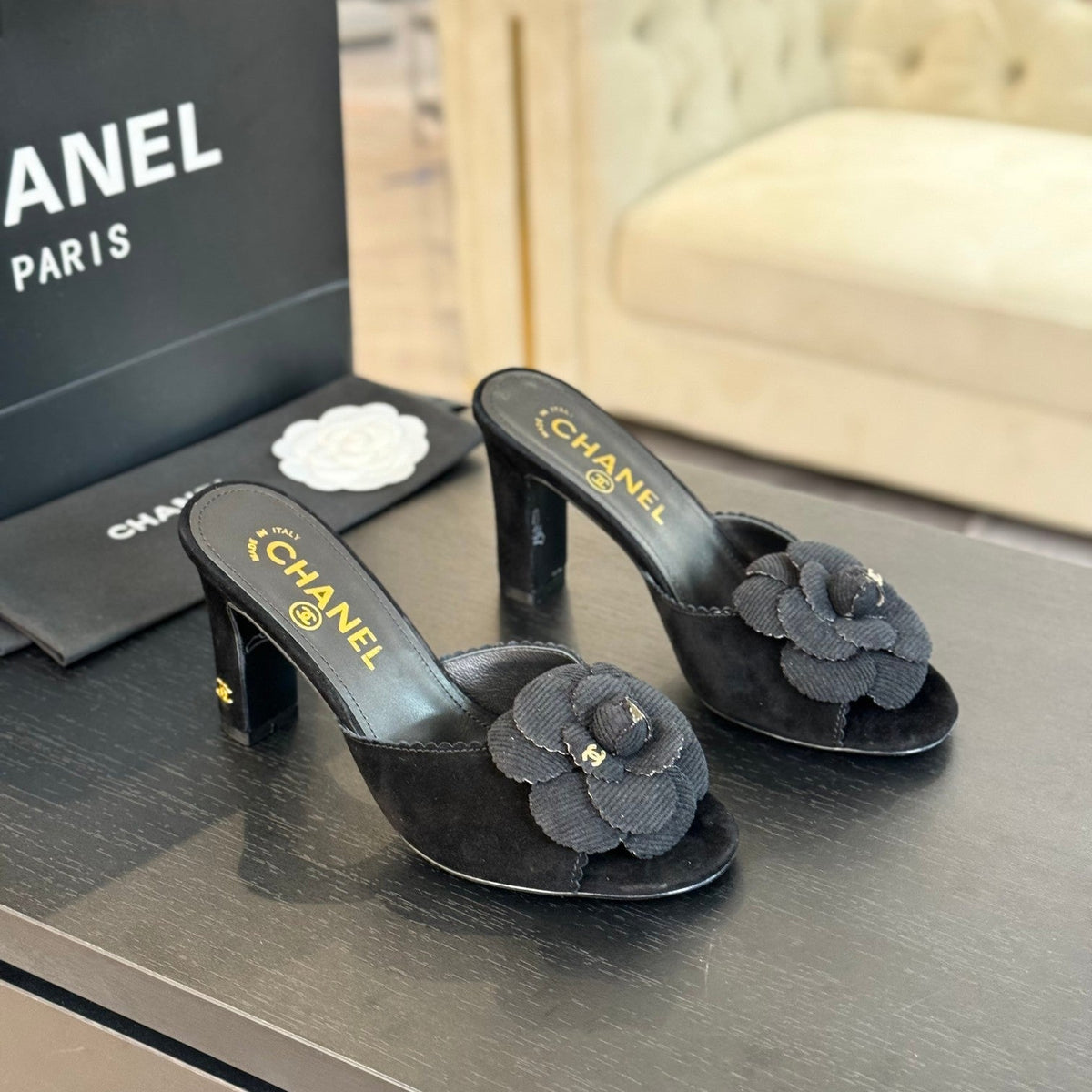 mule sandal flower high heel 80 black suede