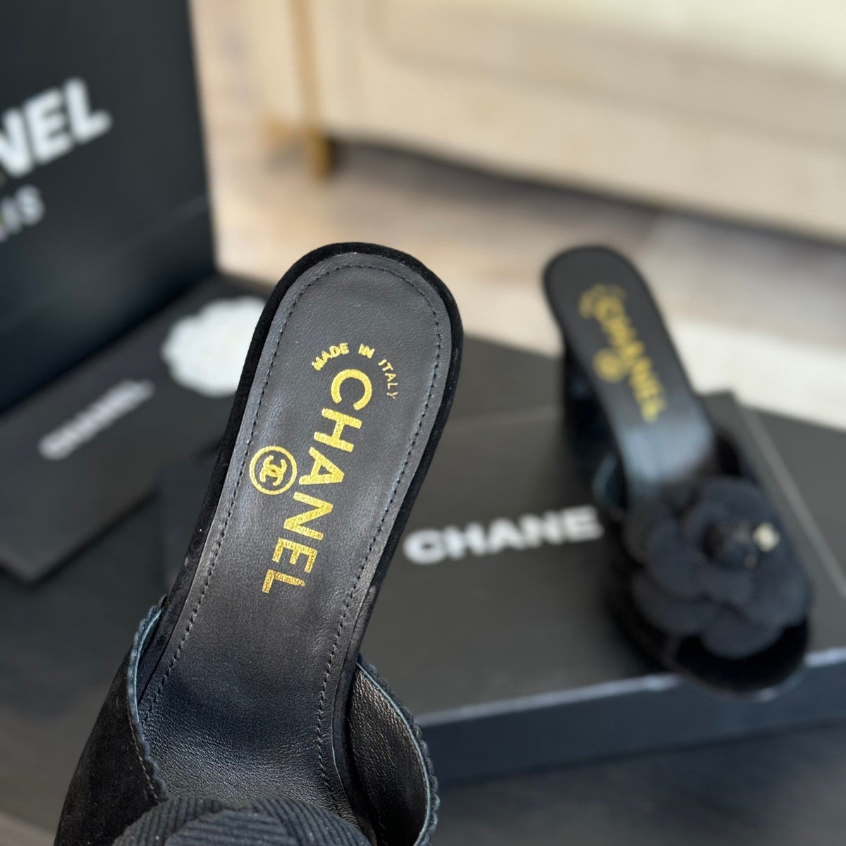 mule sandal flower high heel 80 black suede