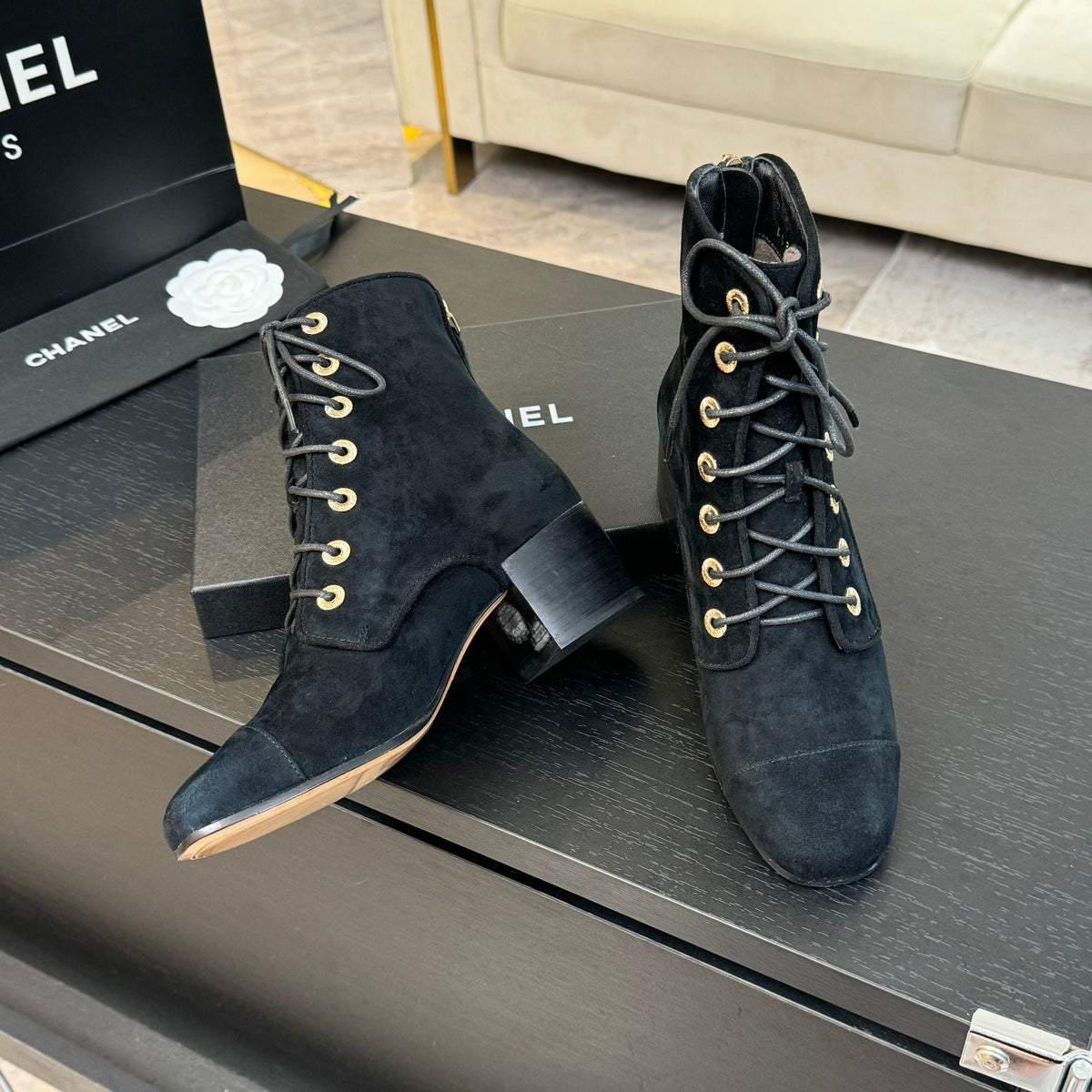 CC LACE-UP SHORT BOOTS IN BLACK SUEDE