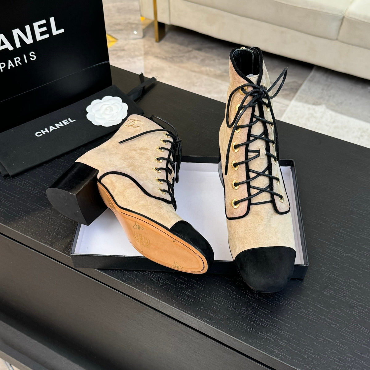 CC LACE-UP SHORT BOOTS IN SEPIA BEIGE MIX BLACK SUEDE