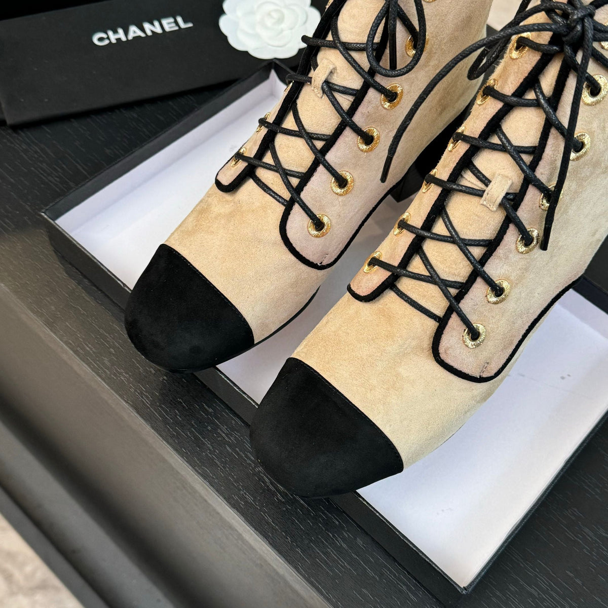 CC LACE-UP SHORT BOOTS IN SEPIA BEIGE MIX BLACK SUEDE