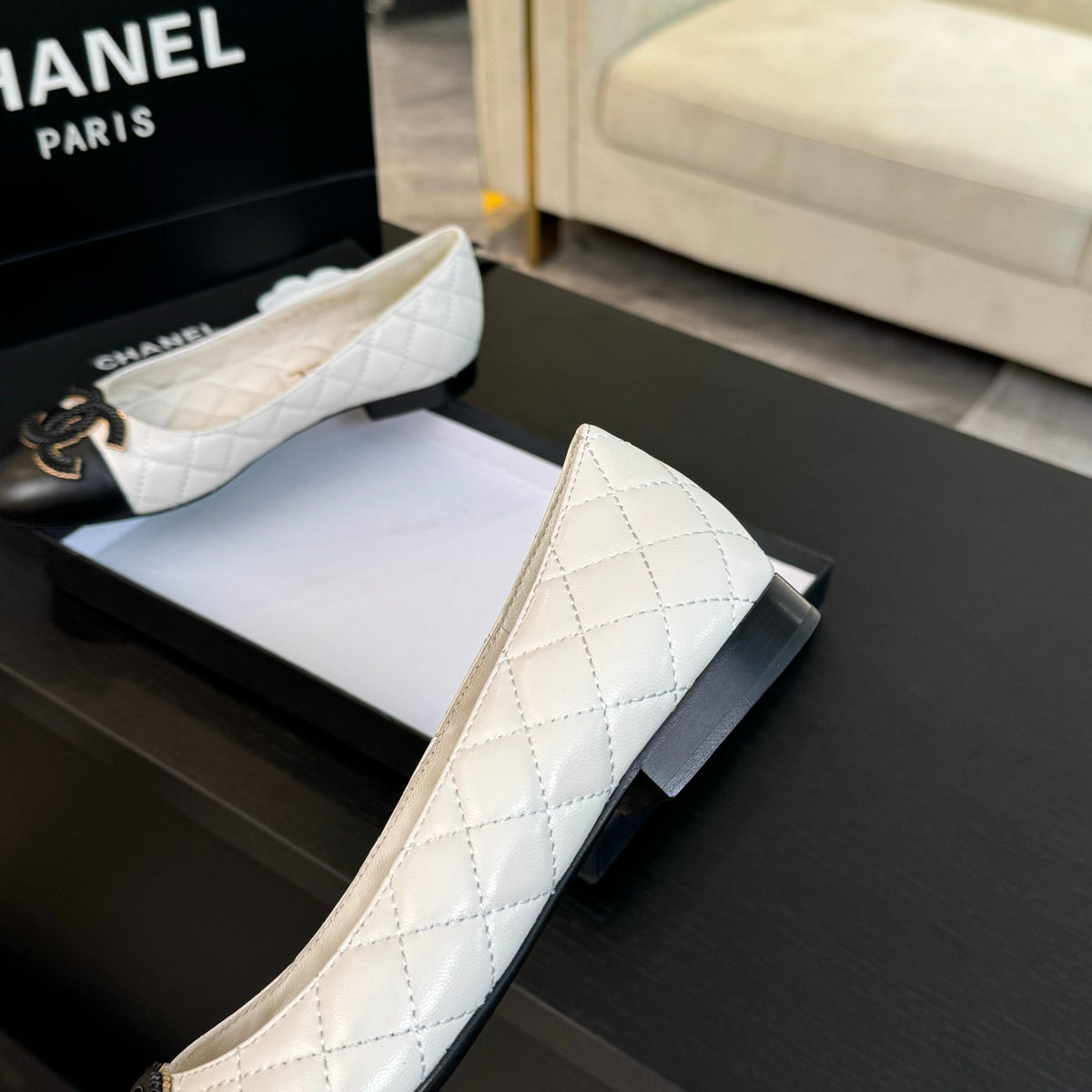 ballet flat white quilted lambskin large black cc logo