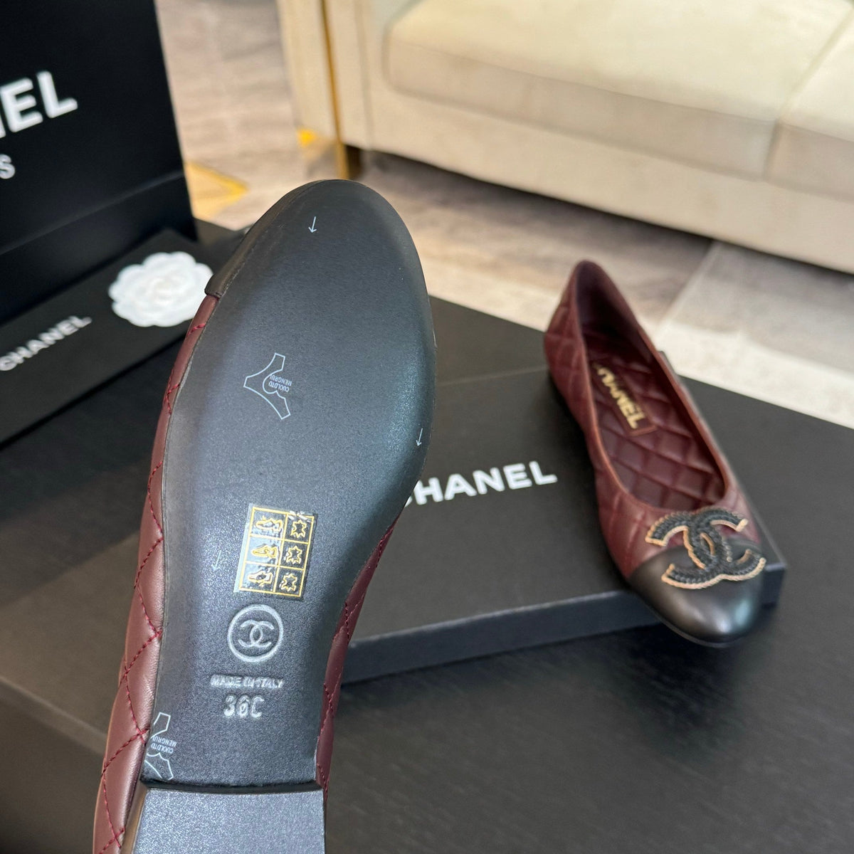 ballet flat burgundy quilted lambskin large black cc logo