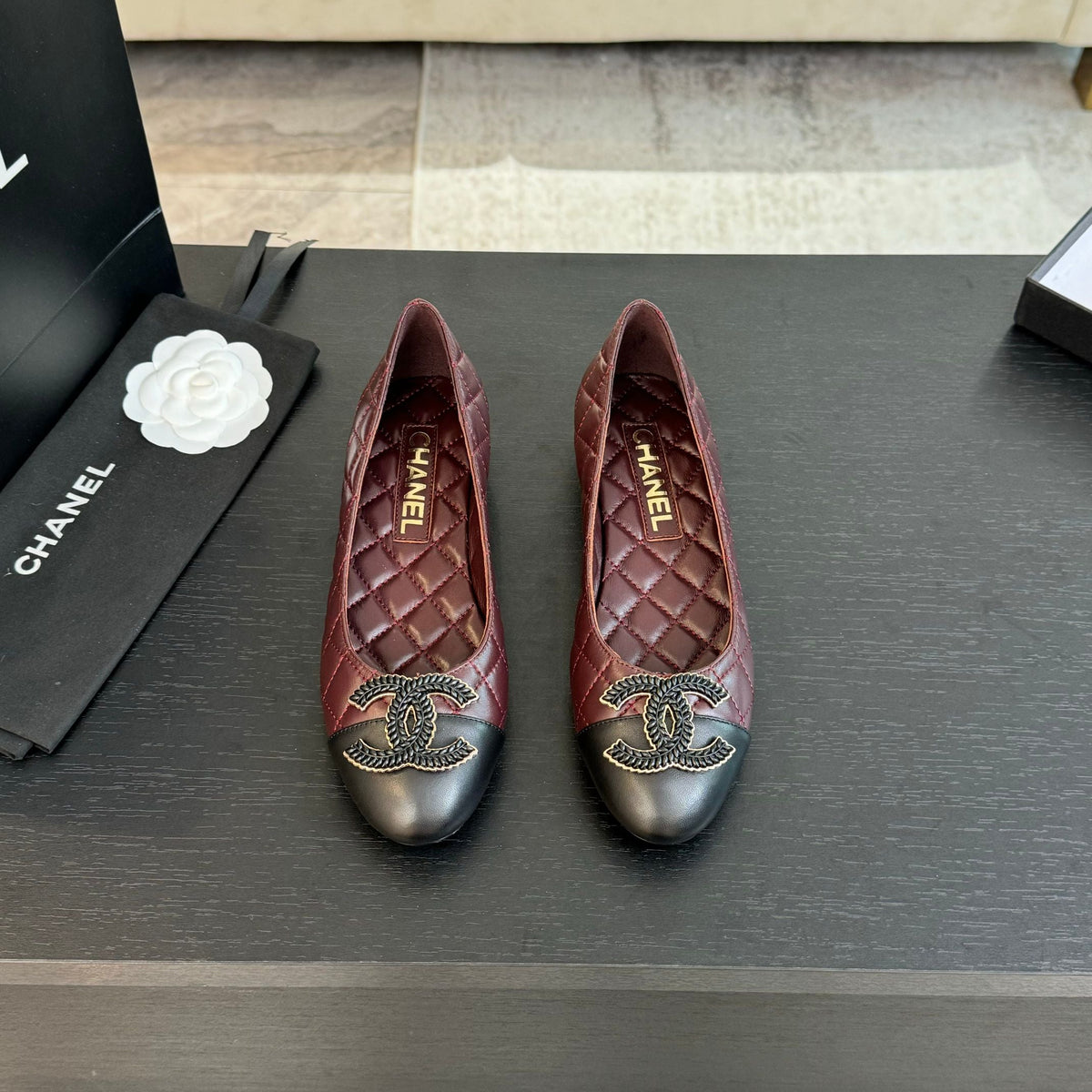 ballet flat burgundy quilted lambskin large black cc logo