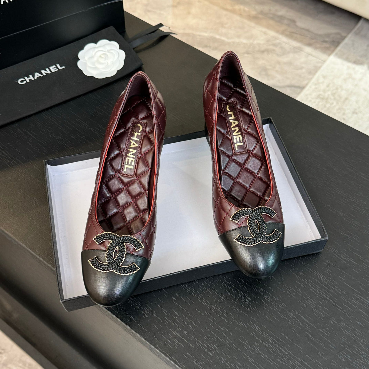 ballet flat with high heel 7cm burgundy black quilted lambskin